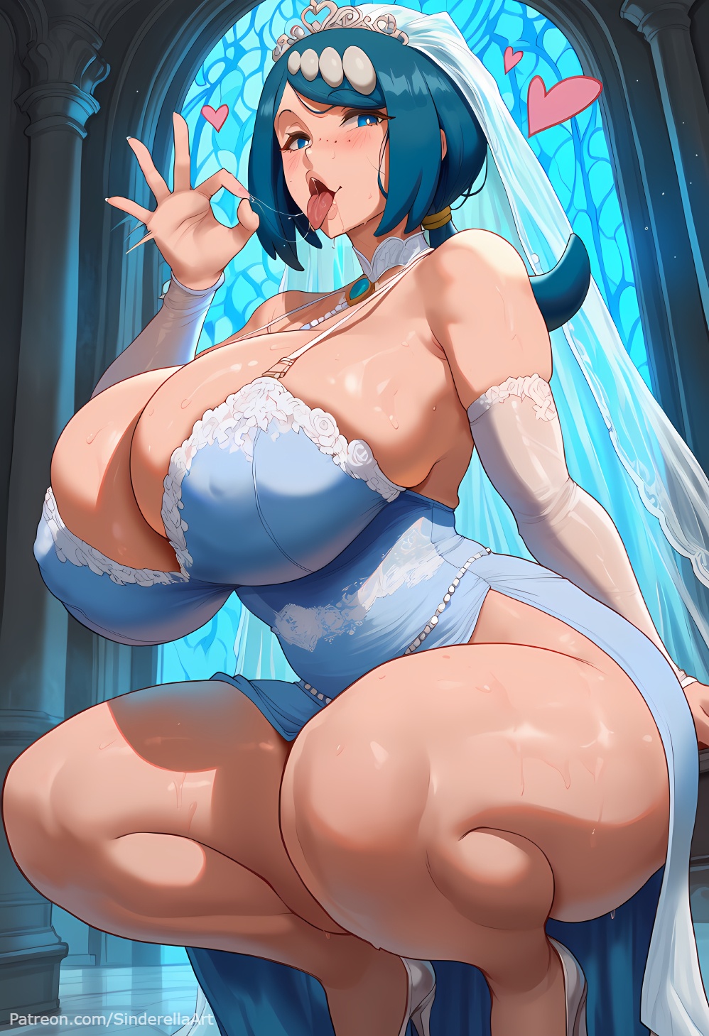 ai generated, ass, blue eyes, blue hair, blush, breasts, bridal veil, busty, commission, dress, fellatio gesture, female, heart, high heels, huge ass, huge breasts, jewelry, lana's mother (pokemon), looking at viewer, mature, nintendo, open mouth, patreon, patreon url, patreon username, pokemon, ring, sinderellaart, solo, squatting, thick, thick legs, thick thighs, tongue, tongue out, veil, voluptuous, wedding dress