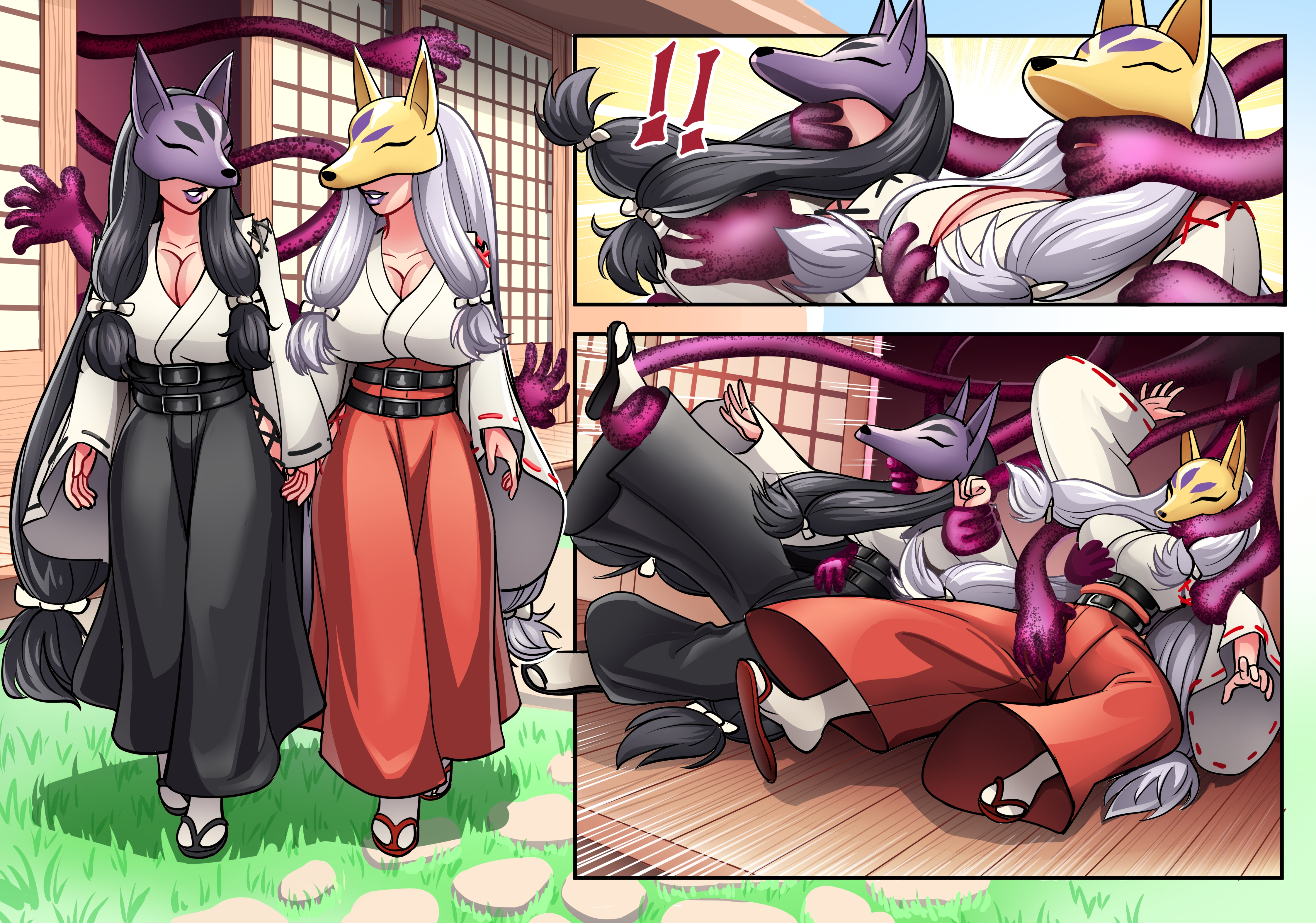 2girls, ankle grab, black hair, breasts, clothed, clothed female, commission, commission art, commissioner upload, crotch grab, cuuki0, digimon, digimon (species), digimon ghost game, digimon tamers, dragged, dragged away, dragging, exclamation mark, female, fox mask, gag, gagged, gagged female, ghost, ghost hands, grabbed, grabbed from behind, grabbing, grabbing from behind, grey hair, hair ribbon, hand gag, hand gagged, handgag, huge breasts, japanese architecture, japanese door, kuzuhamon, kuzuhamon miko mode, lips, lipstick, long hair, mask, masked, masked female, miko, miko outfit, sakuyamon, sakuyamon miko mode, sandals, shrine maiden, socks, suprised, tabi socks, tagme, what