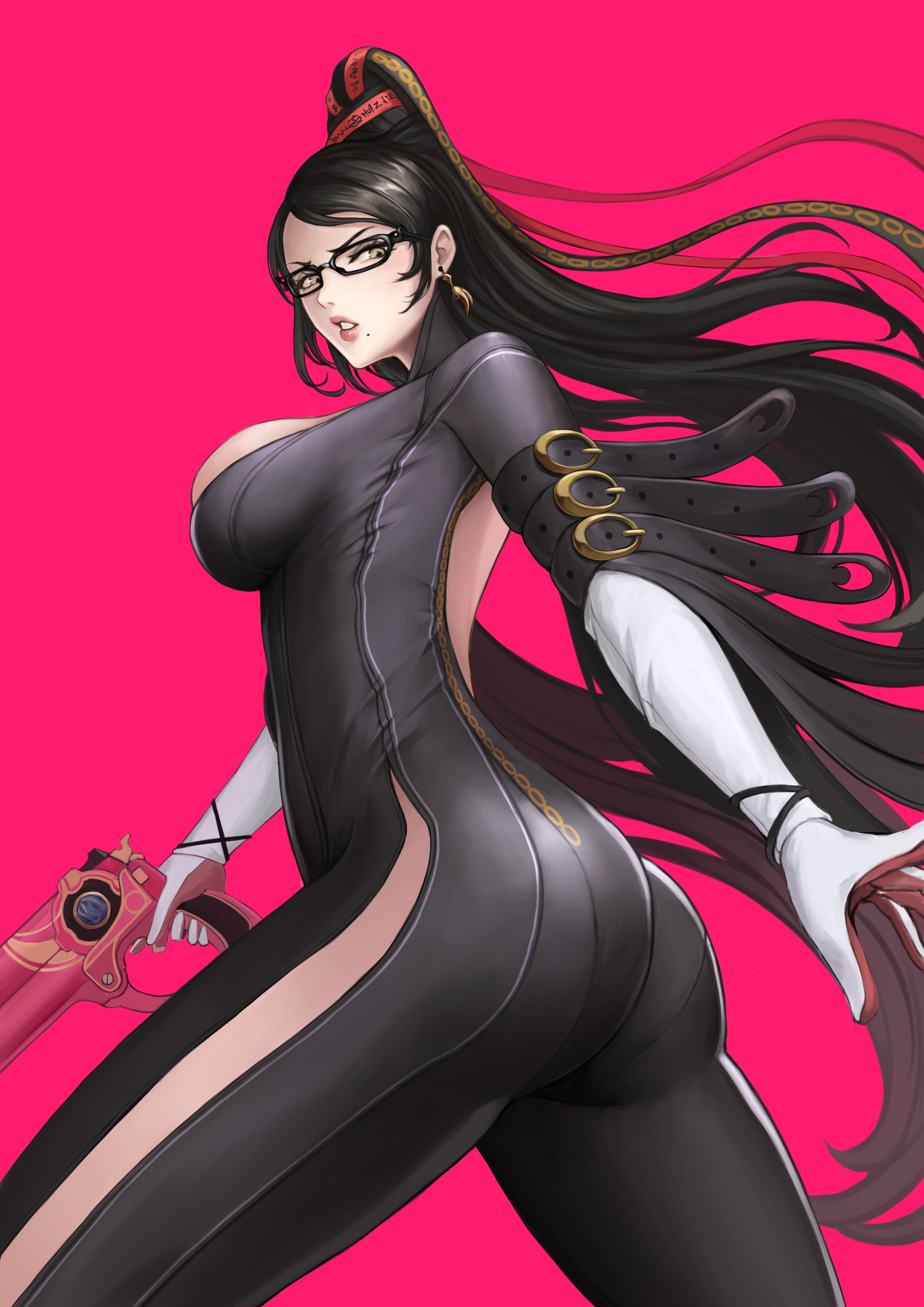 1girls, absurd res, absurd resolution, absurdres, accessory, arm belt, artist name, ass, bayonetta, bayonetta (character), bayonetta (series), beauty mark, beauty mark on face, beauty mark under mouth, big ass, big breasts, big butt, black bodysuit, black clothing, black hair, bodysuit, boobs and butt pose, breasts, busty, cowboy shot, curvaceous, curvy, curvy female, curvy figure, earrings, female, female focus, female only, floating earring, from behind, glasses, gloves, green eyes, gun, hair tie, hi res, high ponytail, high resolution, highres, holding, holding gun, holding object, holding pistol, holding weapon, huizjie, jewelry, large ass, large breasts, light skin, light-skinned female, lips, lipstick, long gloves, long hair, looking at viewer, looking back, makeup, medium breasts, mole, mole on face, mole under mouth, nintendo, open mouth, parted lips, pistol, platinum games, ponytail, red background, sideboob, sidelocks, simple background, skin tight, solo, solo female, solo focus, standing, tagme, thick thighs, thighs, tied hair, turtleneck, very long hair, voluptuous, voluptuous female, weapon, white gloves, white stripes