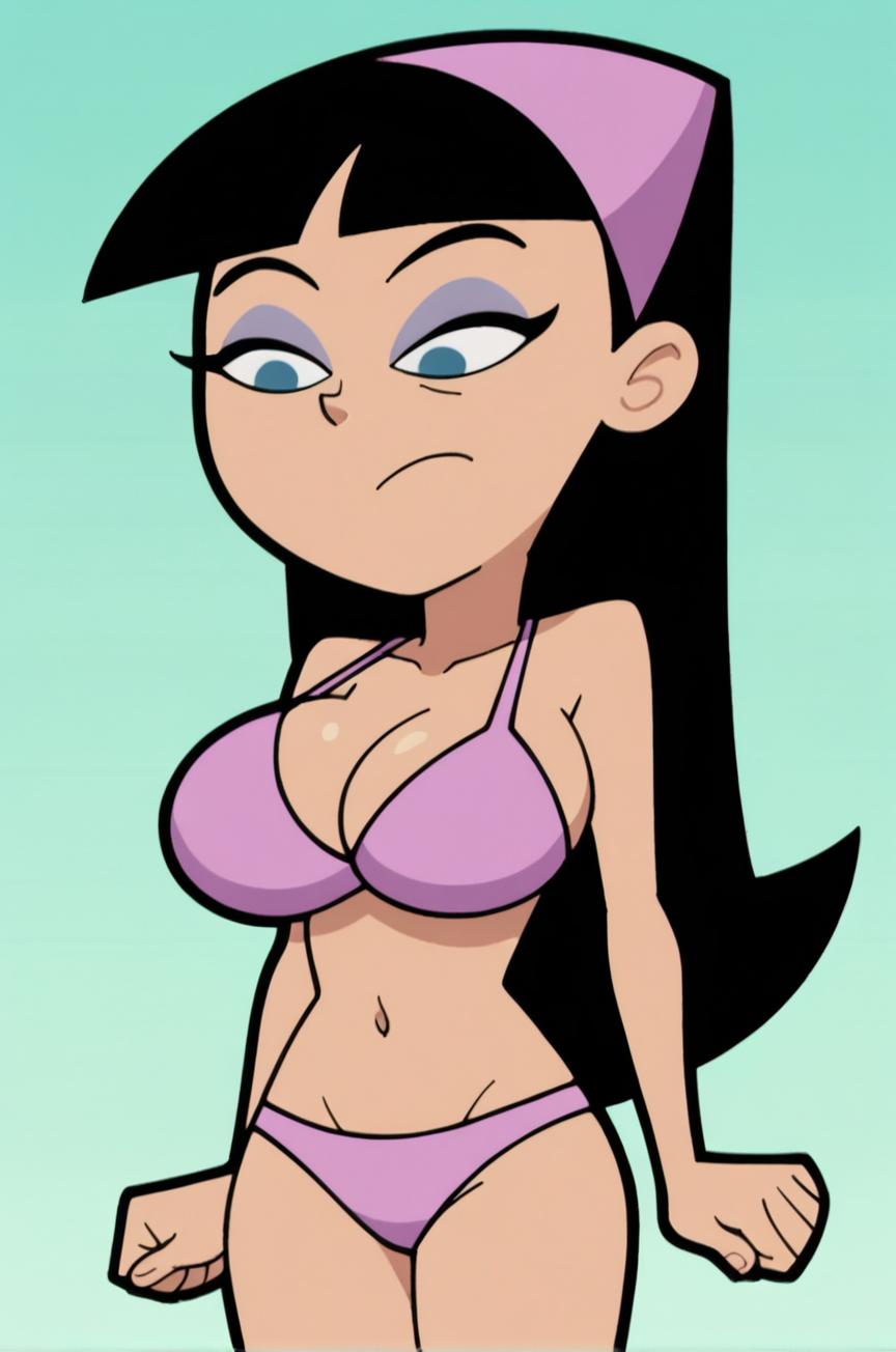 ai generated, angry face, aqua background, bangs, bikini, black hair, blue eyes, bra, breasts, cleavage, clenched hand, clenched hands, closed mouth, collarbone, cowboy shot, female, frown, gradient, gradient background, green background, groin, hairband, large breasts, long hair, looking at viewer, navel, panties, pink bra, pink panties, purple bikini, purple bra, serious, simple background, solo, standing, swimsuit, the fairly oddparents, trixie tang, underwear, underwear only, v-shaped eyebrows, very long hair