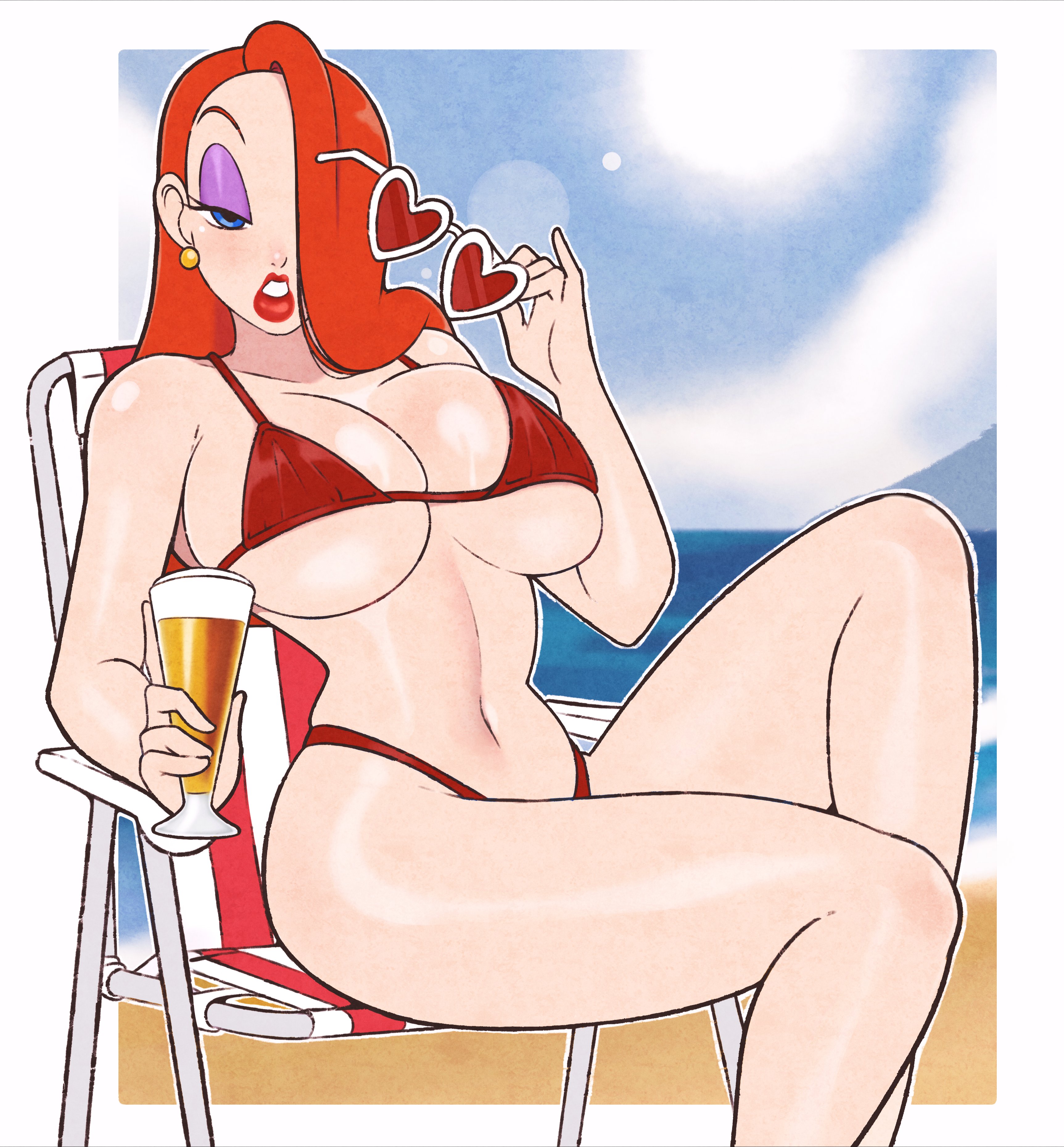 1girls, about to burst, alcohol, ass, barely contained breasts, barely fits, beach, big ass, big breasts, big butt, big hips, big thighs, bikini, blue eyes, breasts, breasts too big, champagne, cleavage, female, female only, hips, imminent wardrobe malfunction, inconvenient breasts, jeffmiga, jessica rabbit, lipstick, long hair, milf, red hair, red lipstick, redhead female, revealing clothes, sunglasses, thick thighs, thighs, voluptuous, voluptuous female, who framed roger rabbit