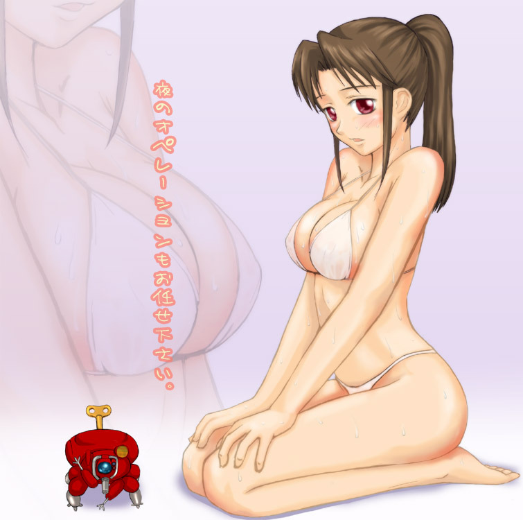 1girls android bikini blush breasts brown_hair color female female_only fuchikoma ghost_in_the_shell ghost_in_the_shell_stand_alone_complex japanese_text kneeling large_breasts long_hair open_eyes operator operator_(ghost_in_the_shell) pale-skinned_female pale_skin ponytail red_eyes sitting solo text wide_hips