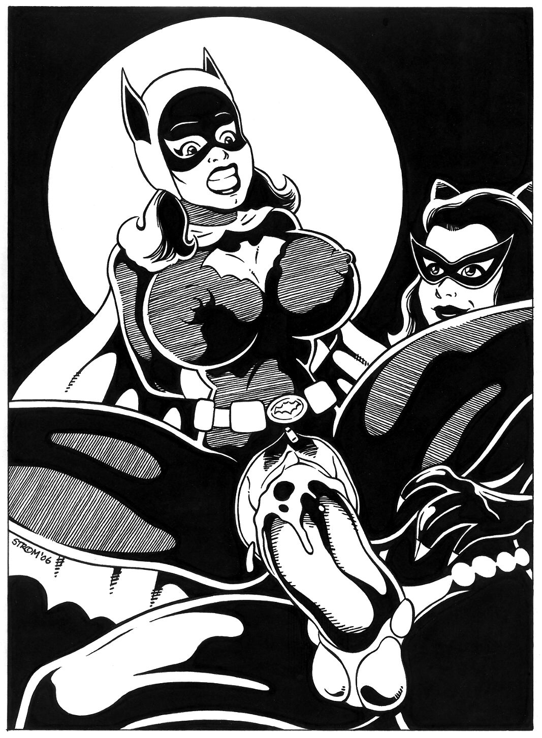 alternate_breast_size batgirl batman_(series) batman_66 big_breasts big_penis breasts catwoman cum cum_in_pussy cum_inside dc_comics frank_strom futa_on_female futanari huge_breasts large_breasts monochrome penis pussy testicles