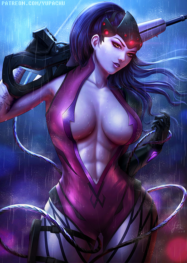 1girls, abs, blizzard entertainment, blue hair, bodysuit, breasts, cleavage, female, female only, gun, headgear, large breasts, looking at viewer, muscular, muscular female, overwatch, ponytail, purple skin, rain, raining, smile, sniper rifle, solo, standing, tagme, thunder thighs, weapon, wet, wet clothes, wet skin, widowmaker, yellow eyes, yupachu