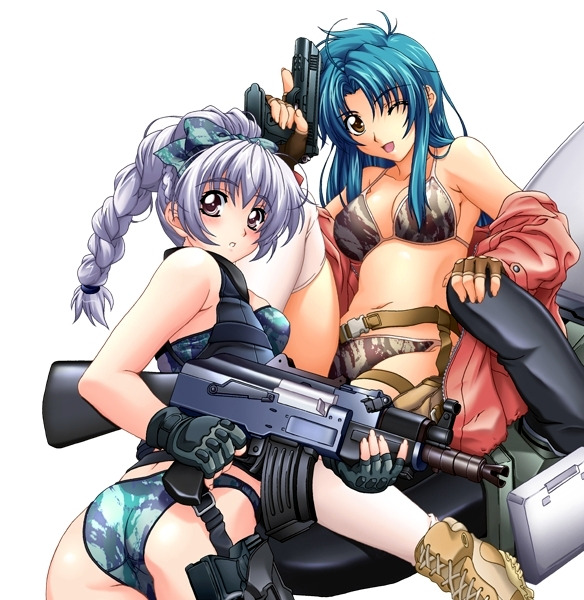 2girls braid female female_only full_metal_panic gun kaname_chidori looking_back multiple_girls open_mouth teletha_testarossa weapon white_background