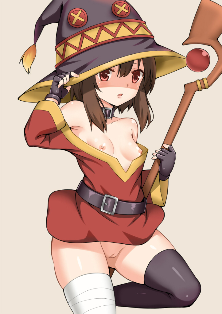 bandage bandaged_leg belt black_gloves black_hair black_legwear breasts breasts_out cape collar dress female fingerless_gloves gloves grey_background hat holding holding_staff kono_subarashii_sekai_ni_shukufuku_wo! megumin mismatched_legwear nipples no_bra no_panties petting pussy red_dress red_eyes short_hair_with_long_locks simple_background single_thighhigh small_breasts staff thighhighs toshishikisai uncensored witch_hat zettai_ryouiki