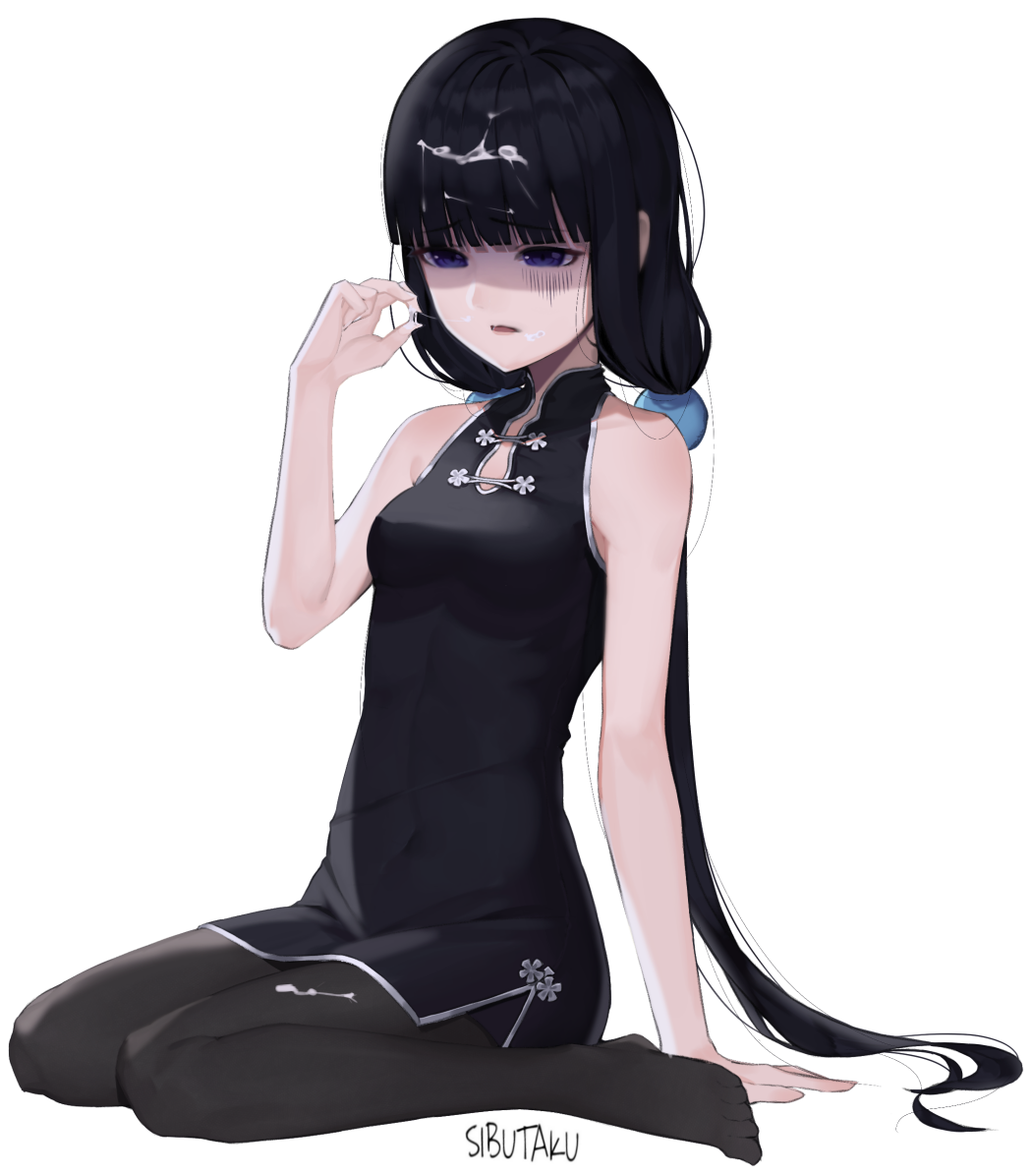 arm_support bangs bare_shoulders black_dress black_hair blend_s blunt_bangs china_dress chinese_clothes covered_navel cum cum_in_hands cum_on_hair dress eyebrows_visible_through_hair facial female full_body hair_bobbles hair_ornament hwayoung long_hair low_twintails pantyhose purple_eyes sakuranomiya_maika shaded_face sibutaku simple_background sitting solo twintails very_long_hair wariza white_background