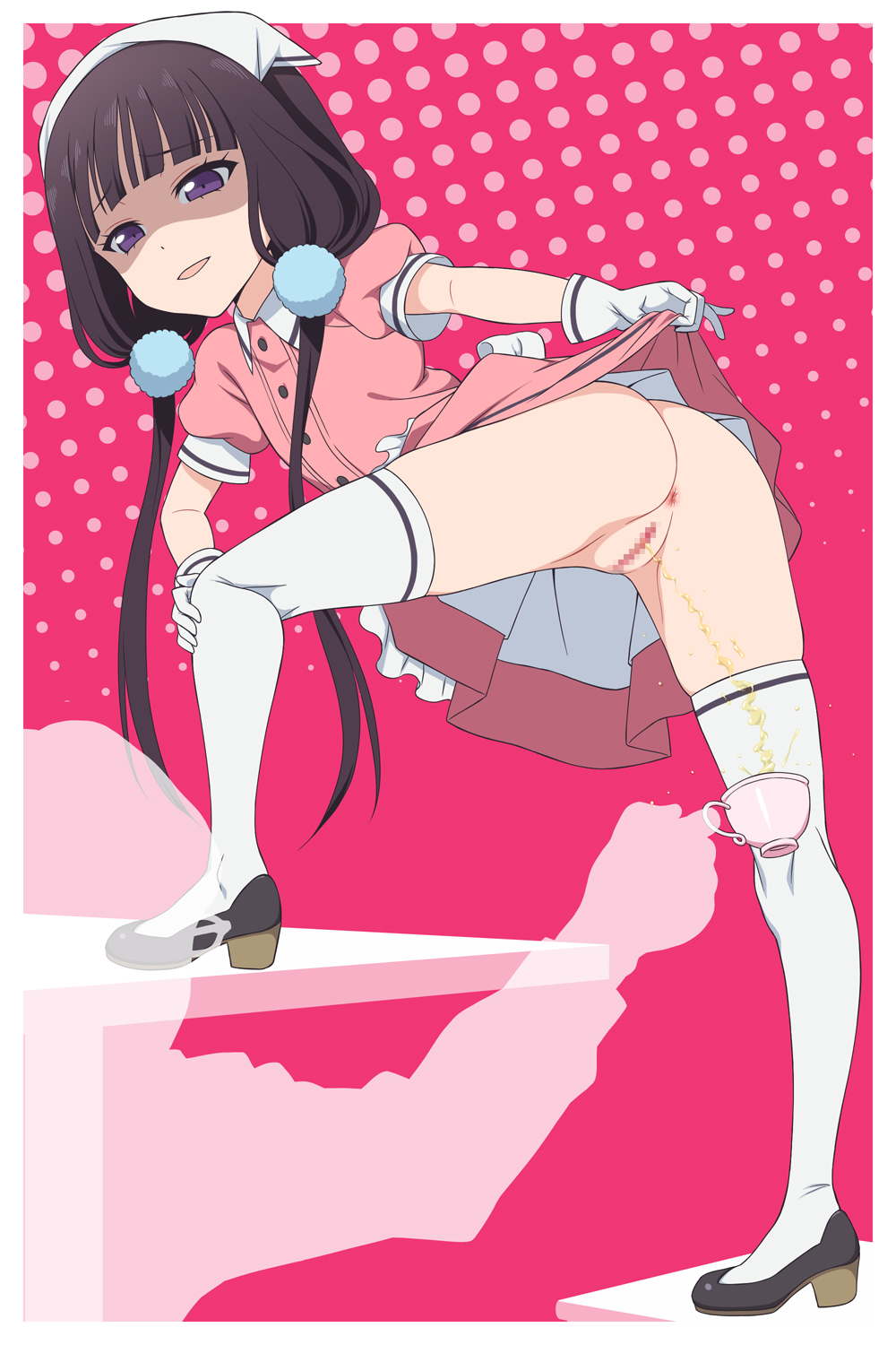 1boy, anus, bangs, blend s, blush, censored, cup, eyebrows visible through hair, female, fugetsu taku, full body, head scarf, holding, holding cup, long hair, looking back, low twintails, male, mosaic censoring, no panties, outside border, peeing, peeing in cup, polka dot, polka dot background, purple eyes, pussy, sakuranomiya maika, shoes, short sleeves, skirt, skirt lift, thighhighs, twintails, waitress, white legwear