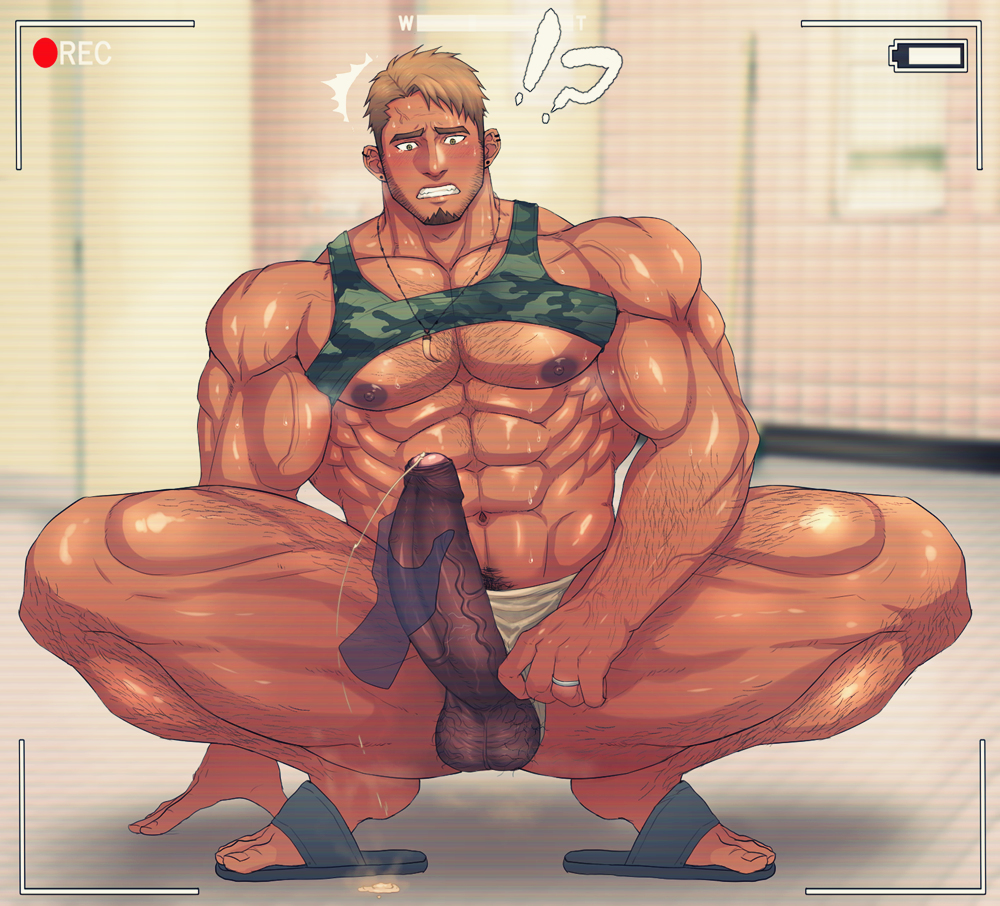 !? 1boy abs bara blonde_hair blush body_hair clenched_teeth cum cumdrip erection foreskin hairy_legs hairy_testicles male male_focus male_only muscle necklace nipples pecs penis penis_grab recording sandals sex_toy shirt_lift slippers squatting steam sweat testicles toto_(artist) yellow_eyes