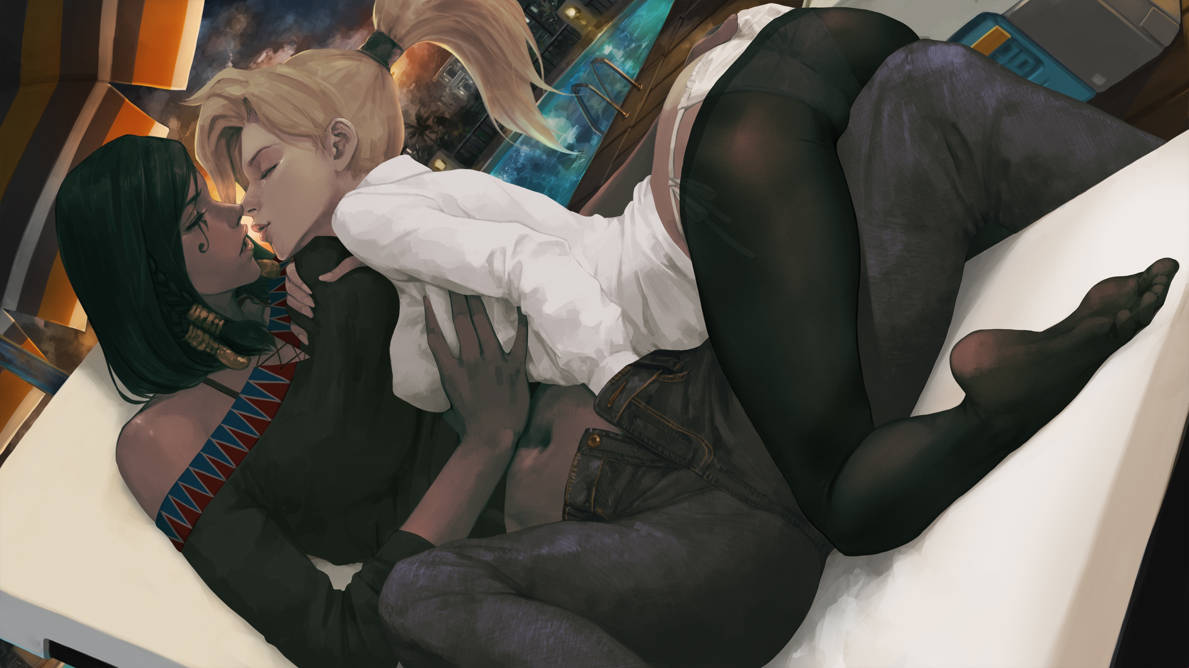 21yc, 2girls, alternate version available, dark skin, dark-skinned female, female, female only, highres, interracial, mercy, overwatch, patreon reward, pharah, yuri