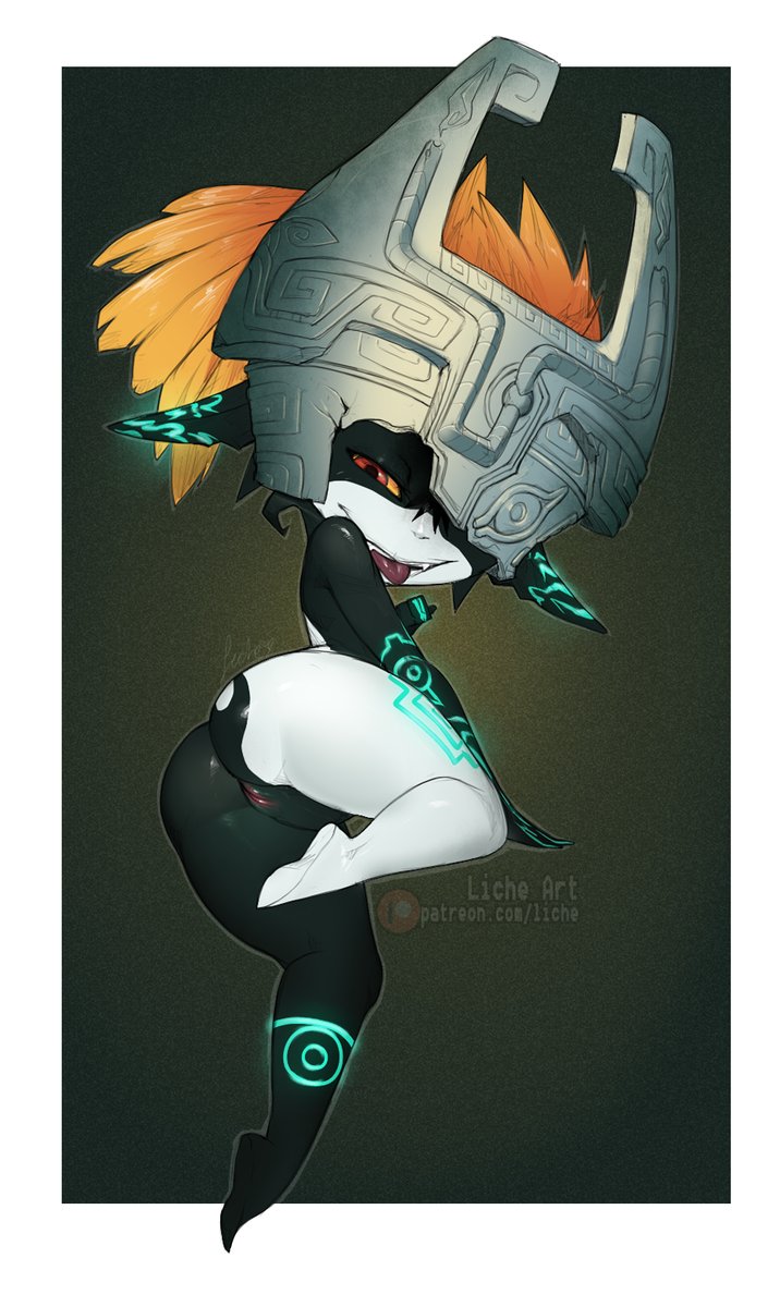 ass female from_behind headgear imp imp_midna licheart looking_back midna monster_girl nintendo patreon pointy_ears pussy solo the_legend_of_zelda twilight_princess two-tone_skin white_border