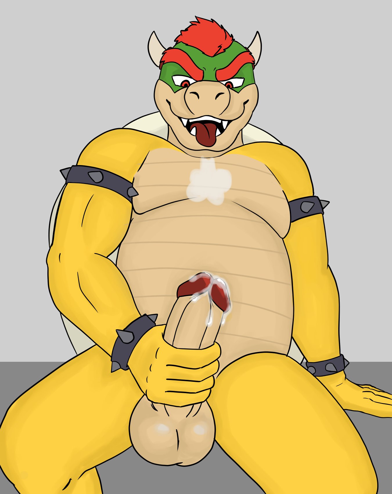 2021 anthro bara bodily_fluids bowser breath cum edging erection genital_fluids hi_res kinktober lewd_latte male male_only mario_(series) masturbation nintendo panting precum resting_arm sitting solo video_games