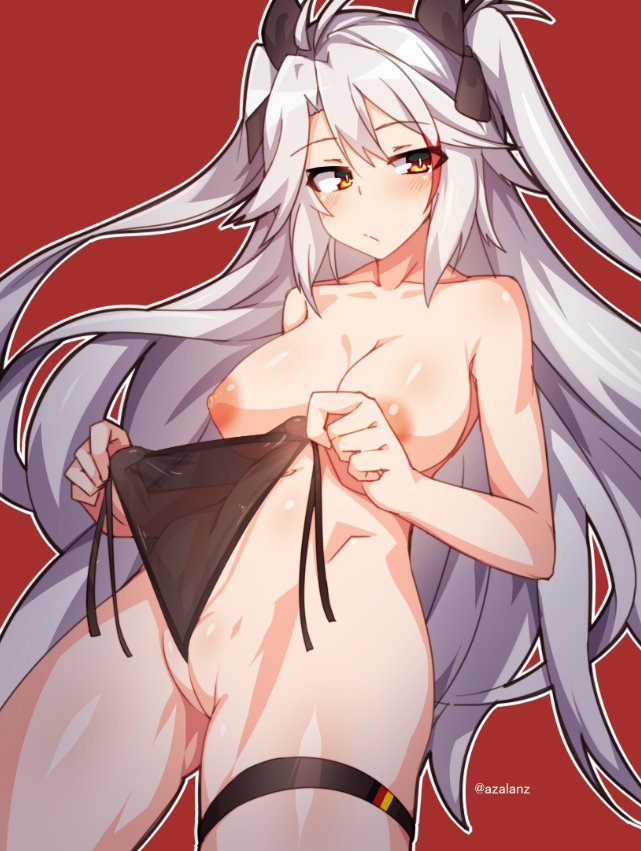 1girls azur_lane between_labia female female_only innie_pussy long_hair nipples panties prinz_eugen_(azur_lane) pussy silver_hair simple_background solo tilt-shift tilt-shift_(azalanz) wedgie yellow_eyes