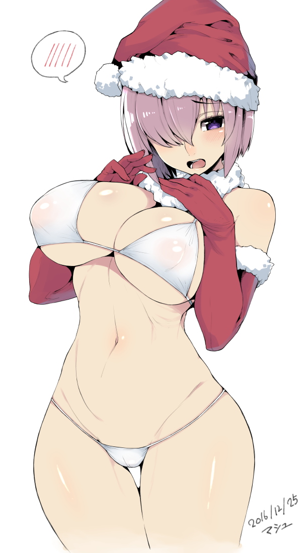 2016 bare_shoulders bikini breasts christmas christmas_outfit cleavage dated fate/grand_order fate_(series) female hat kamaboko_(ossann0125) large_breasts mash_kyrielight navel purple_eyes purple_hair santa_hat shielder_(fate/grand_order) short_hair simple_background solo spoken_blush swimsuit thigh_gap