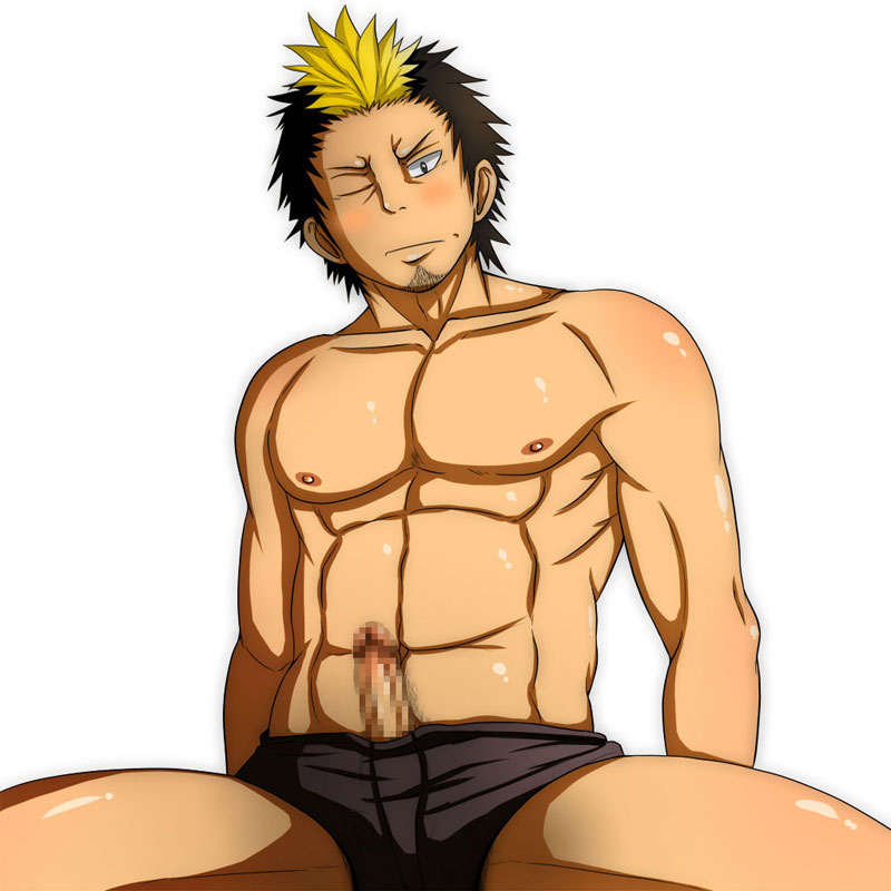 1boy abs ao_no_exorcist blush erection male_focus male_only mayugeyama pecs penis sitting solo suguro_ryuji sweat topless