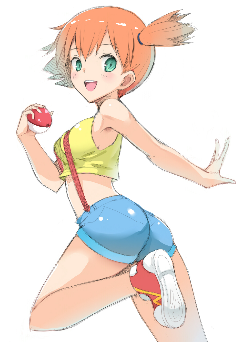 :d blush breasts crop_top eyebrows_visible_through_hair female green_eyes hair_between_eyes highres holding holding_poke_ball human human_only kasumi_(pokemon) looking_at_viewer medium_breasts midriff mokkosu. one_leg_raised one_side_up open_mouth orange_hair poke_ball pokemon pokemon_(anime) shiny shiny_clothes shirt short_hair short_shorts shorts sideboob simple_background sleeveless sleeveless_shirt smile solo standing standing_on_one_leg suspender_shorts suspenders white_background yellow_shirt