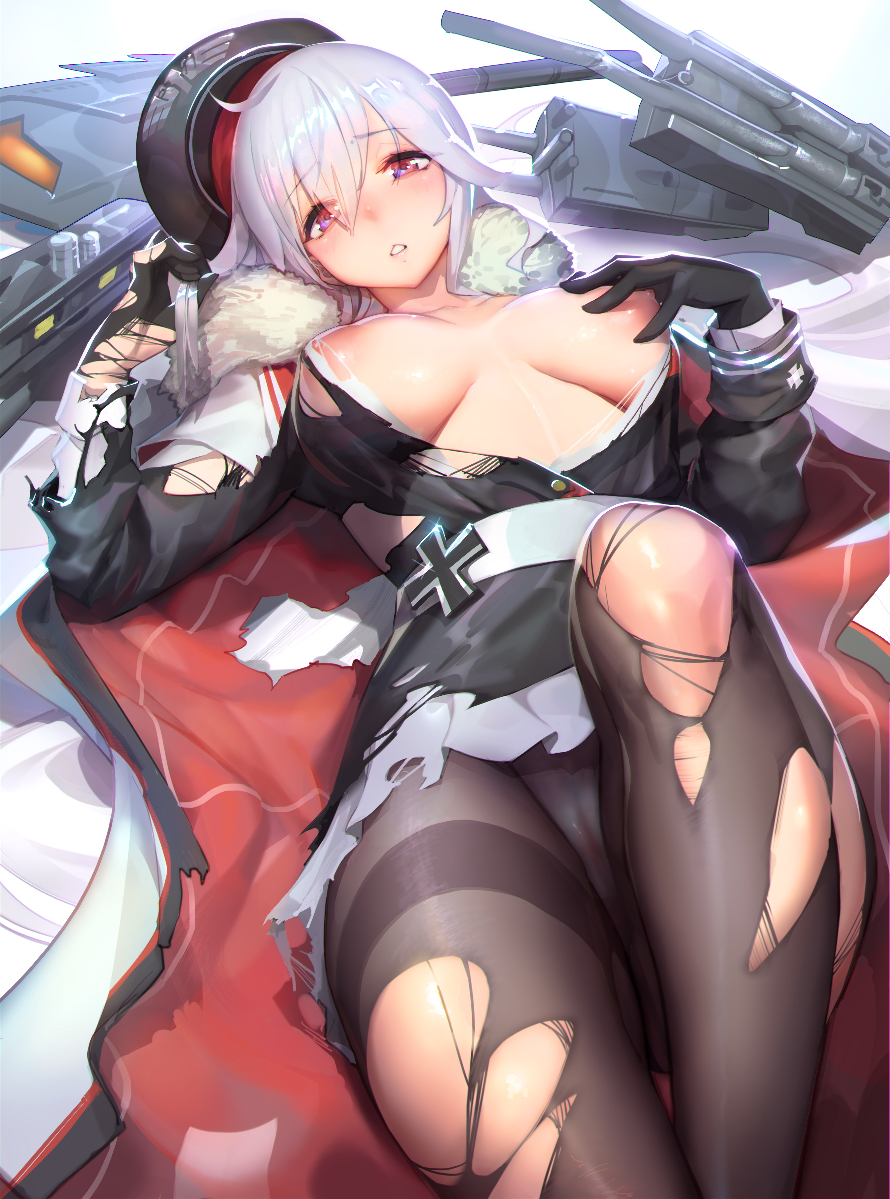 1girls, absurdres, areolae, azur lane, big breasts, breasts, female, female only, gloves, gorgeous mushroom, graf zeppelin (azur lane), highres, iron blood (azur lane), large breasts, light skin, light-skinned female, looking at viewer, nipples, pantyhose, solo, torn clothes, torn gloves, torn pantyhose