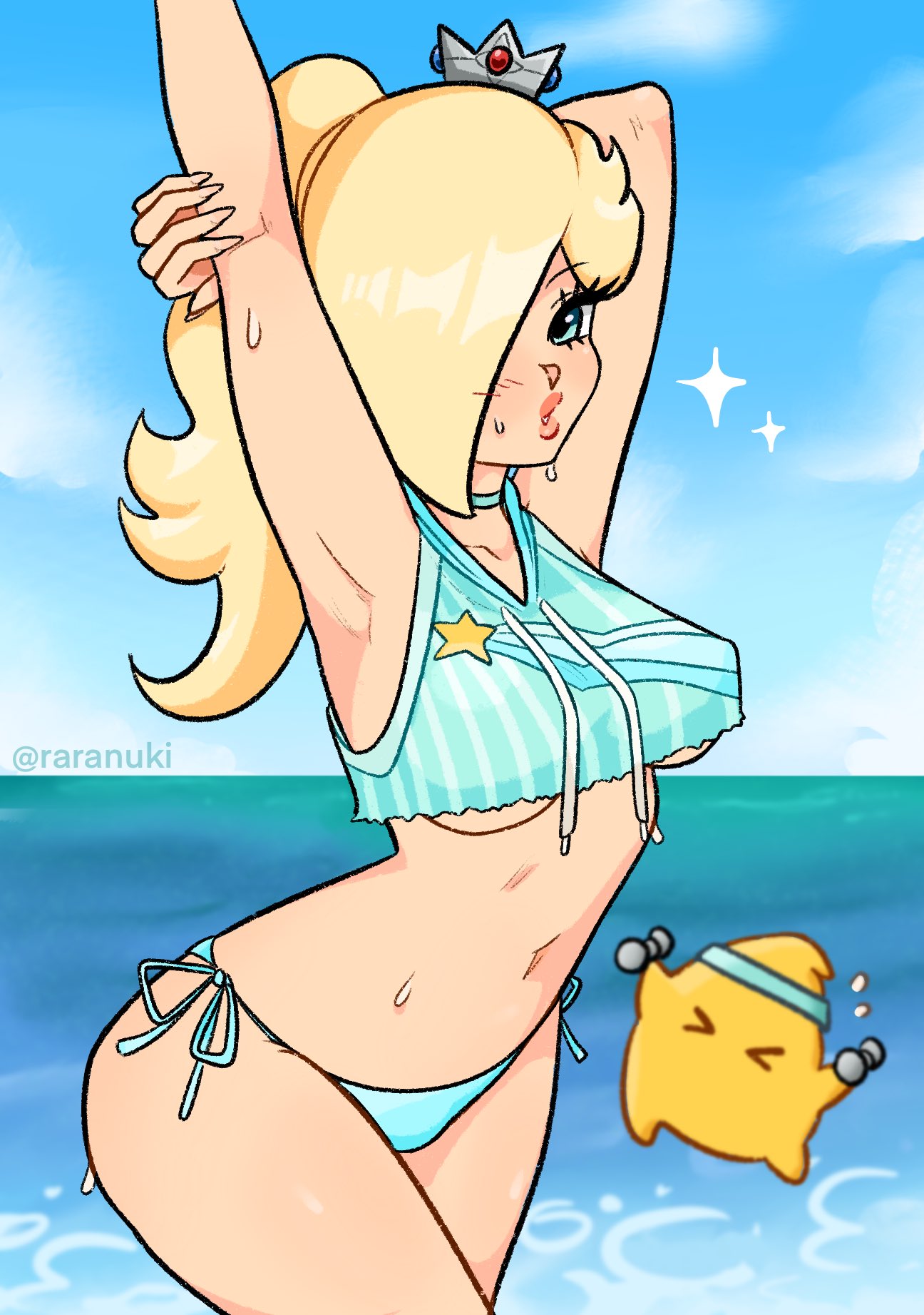 1girls 1other ambiguous_gender armpits arms_up beach bikini blonde_hair blue_eyes breasts female female_focus hair_over_one_eye lipstick looking_at_viewer luma mario_(series) nintendo outdoors ponytail princess_rosalina raranuki solo standing stretching super_mario_galaxy tied_hair underboob white_skin