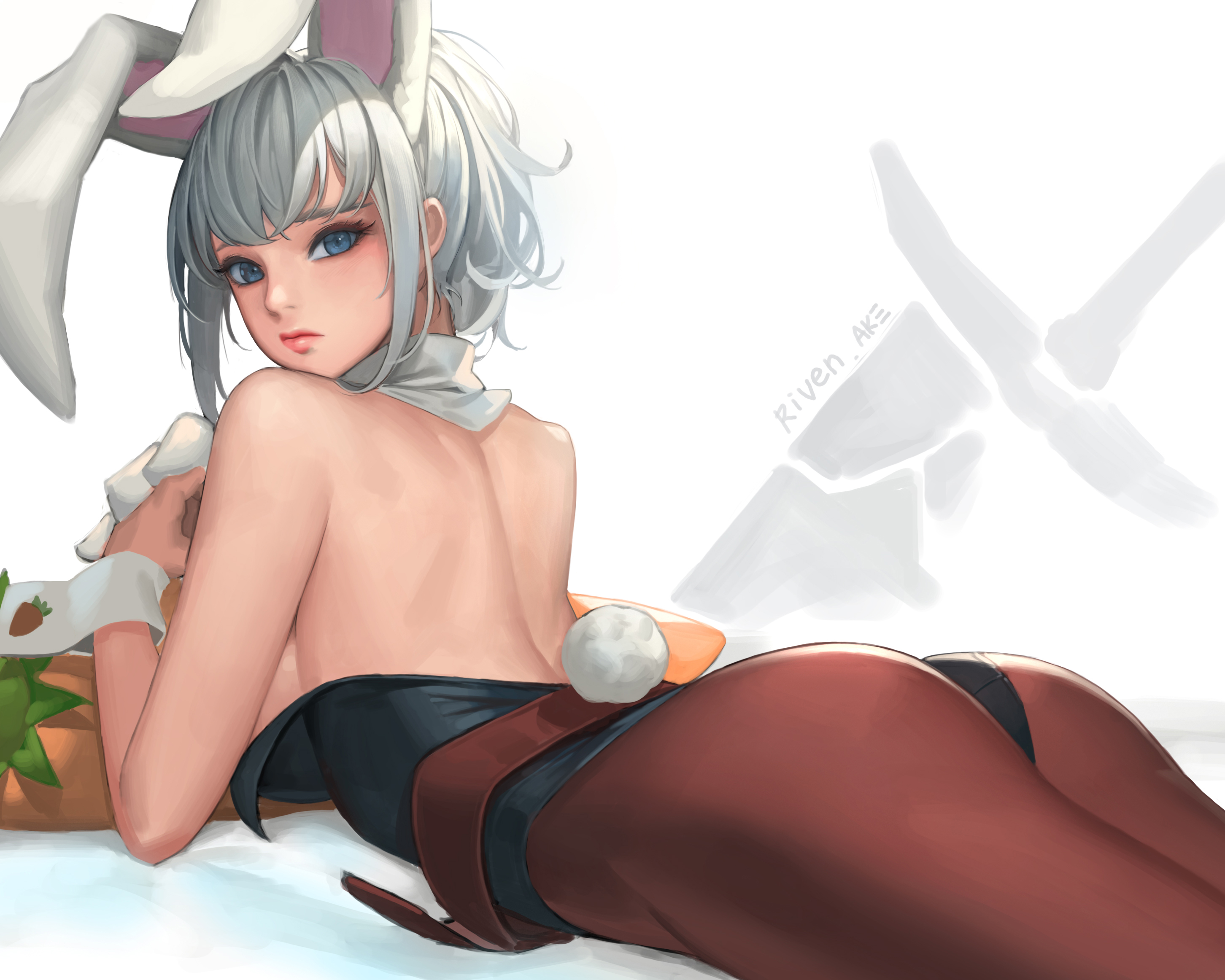 animal ears, ass, battle bunny riven, blue eyes, bunny ears, bunny girl, bunnysuit, cherrylich, cropped, female, league of legends, pantyhose, riven, short hair, tagme, white hair