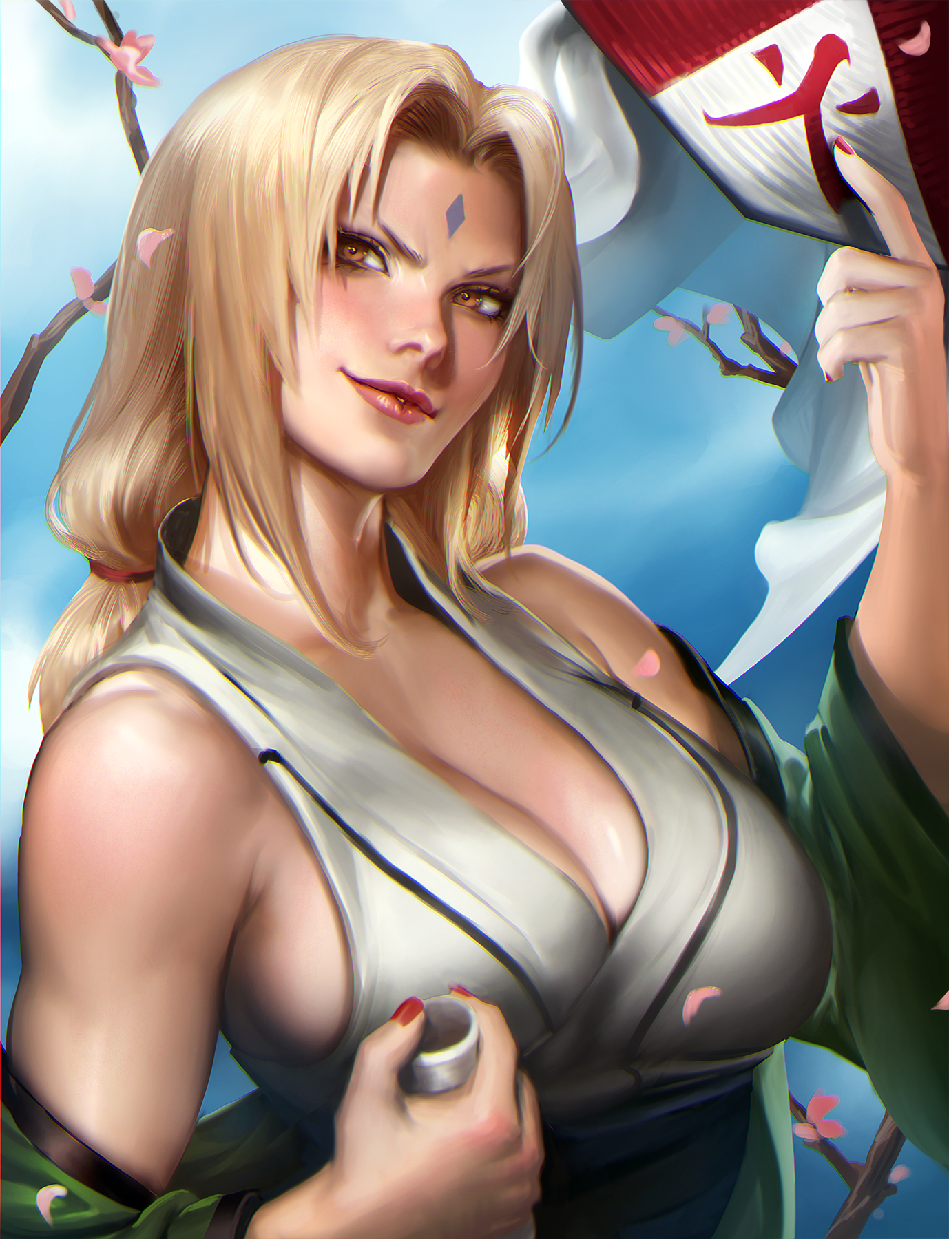 1girls, cleavage, female, female only, japanese clothes, naruto, naruto (series), no bra, sakimichan, solo, tagme, tsunade