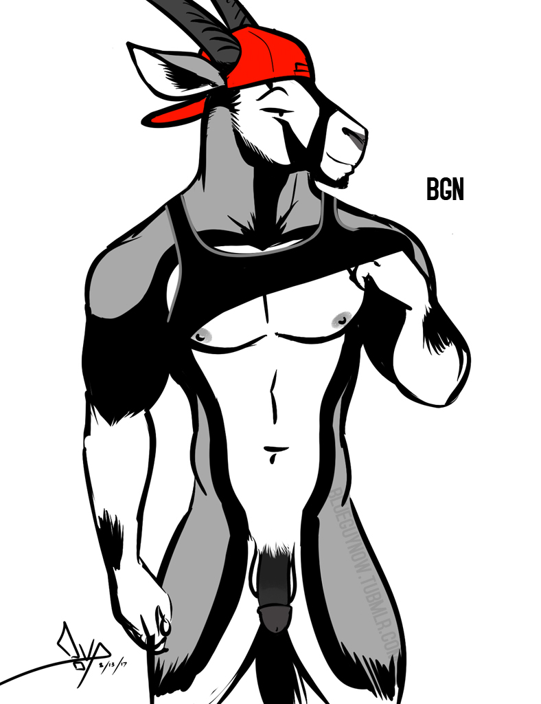 2017 antelope anthro athletic backwards_baseball_cap balls baseball_cap bgn biped bottomless clothed clothing clothing_lift digital_media_(artwork) eyebrows flaccid front_view glans greyscale hat horn humanoid_penis jamie_the_oryx male male_only mammal monochrome navel nipples oryx partially_clothed pecs penis portrait shirt shirt_lift signature simple_background smile snout solo spot_color standing tank_top three-quarter_portrait url white_background