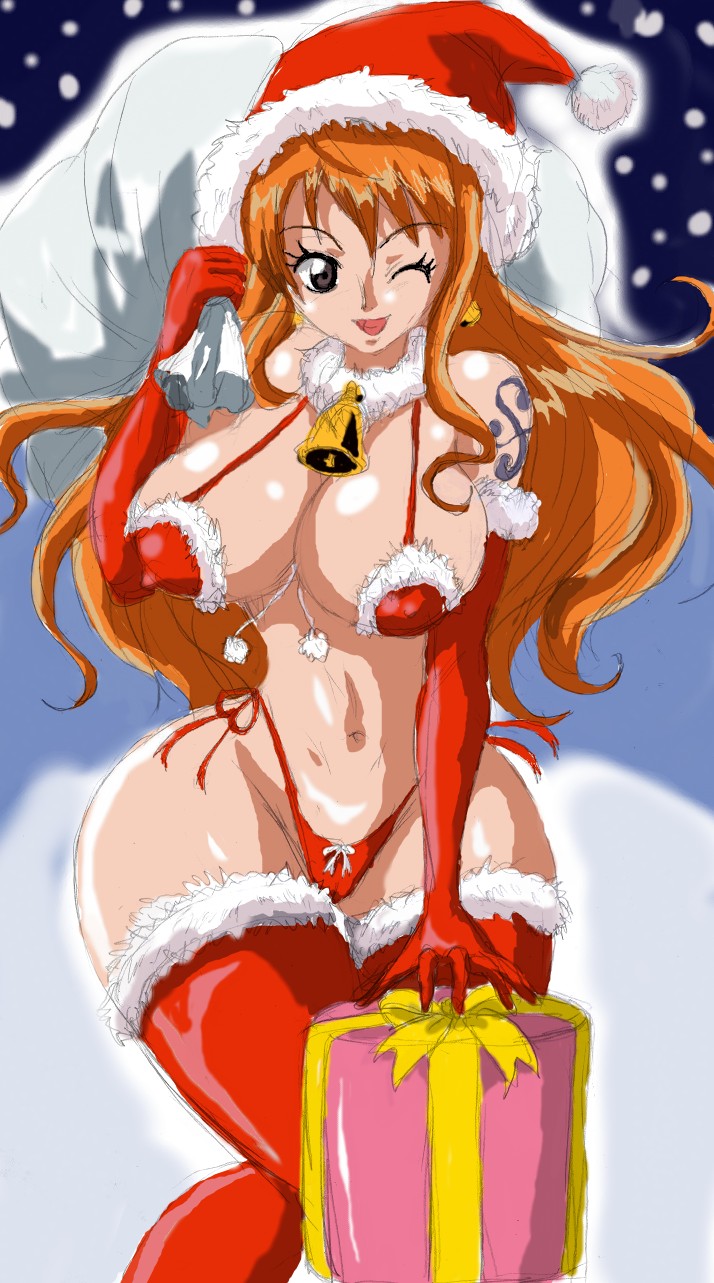 alone breasts brown_eyes christmas curvy female female_only gift hips huge_breasts kei_(nishinin) large_ass long_hair nami navel one_piece open_mouth orange_hair present sack santa_costume santa_hat solo stomach tattoo wide_hips wink