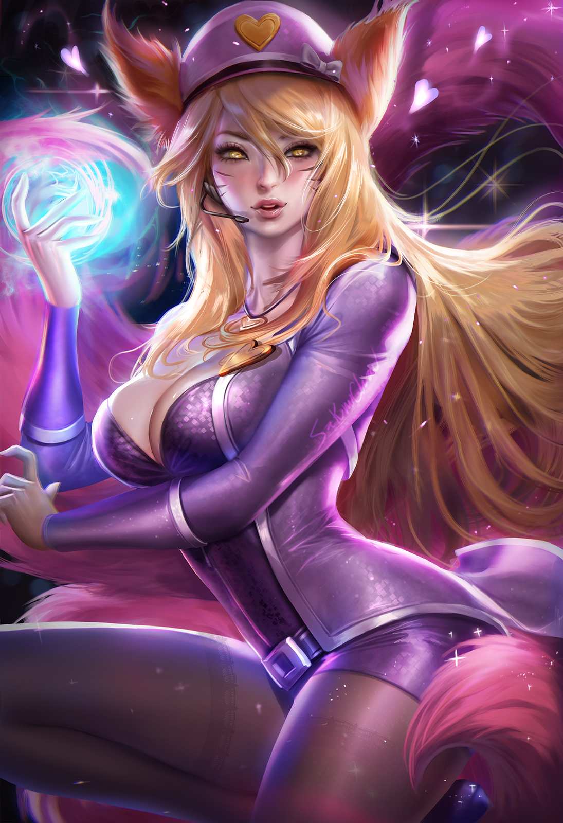 1girls, ahri, animal ears, artist signature, belt, blonde hair, cleavage, facial markings, female, female only, fox ears, fox girl, hat, headset, kumiho, league of legends, long sleeves, looking at viewer, magic, multi tail, necklace, pantyhose, pink fur, popstar ahri, sakimichan, signed, solo, source request, tagme, tail, tails, whisker markings, yellow eyes