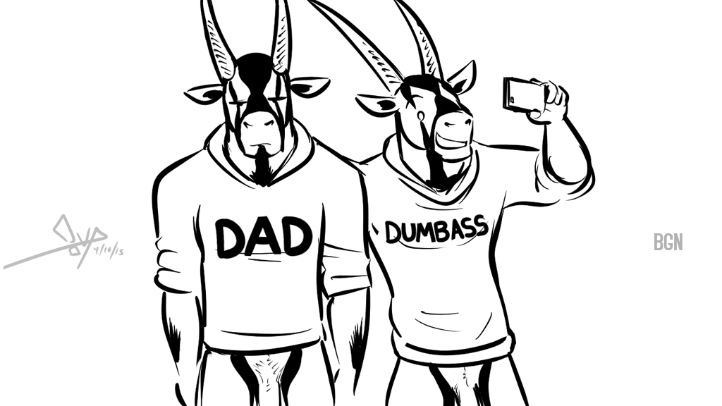 2015 antelope anthro bgn black_and_white bottomless cellphone clothed clothing digital_media_(artwork) duo english_text father father_and_son flaccid fraternity front_view grumpy holding_object holding_phone horn jamie_the_oryx looking_at_viewer male male_only mammal monochrome oryx parent penis phone selfie signature simple_background smile son standing text white_background