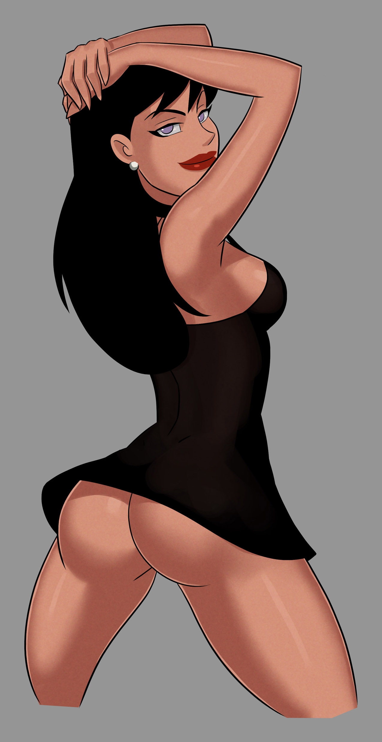 1girls, alternate version available, ass, black dress, dc, dc comics, dcau, dress, female, female only, lois lane, lois lane (dcau), no panties, pose, posing, purple eyes, rear view, solo, sunsetriders7, superman (series), superman: the animated series