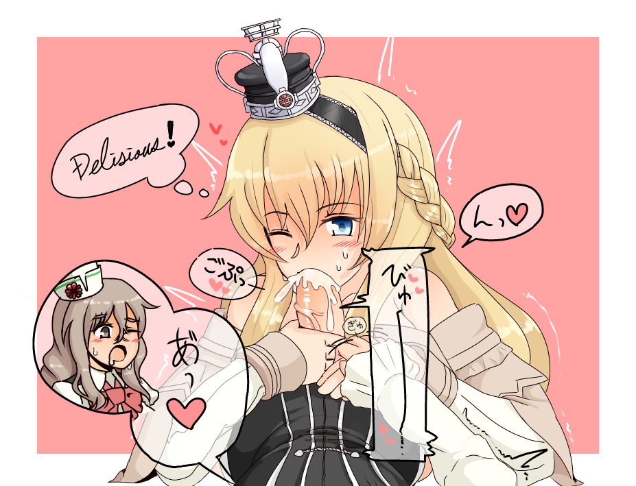 2girls artist_request blonde_hair blue_eyes braid corset crown cum cum_in_mouth dress fellatio french_braid futanari grey_hair hat intersex kantai_collection long_hair mini_crown mini_hat multiple_girls off-shoulder_dress off_shoulder oral penis pola_(kantai_collection) shirt translation_request warspite_(kantai_collection) white_shirt