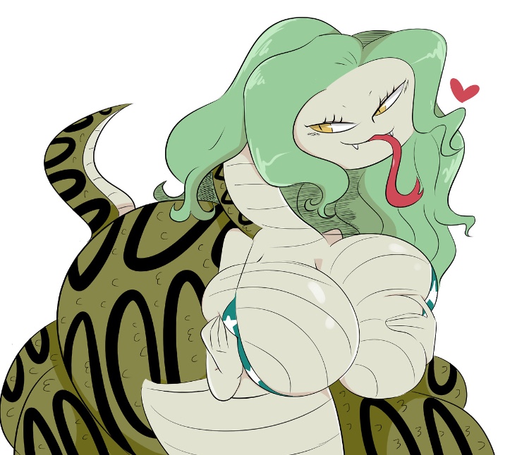 big breasts, boa sandersonia, breast grab, breasts, female, female only, green hair, heart, hebi hebi no mi, model: anaconda, jinu, no humans, non-mammal breasts, one piece, snake, snake girl, snake tongue