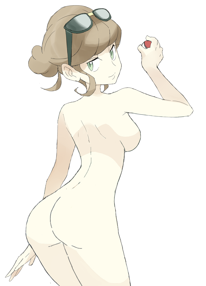 ass beauty_(pokemon) beauty_(pokemon_xy) breasts brown_hair edit female glasses green_eyes looking_at_viewer looking_back nintendo npc_trainer nude nude_filter photoshop poke_ball pokemon pokemon_xy short_hair solo souji source_request sunglasses white_background