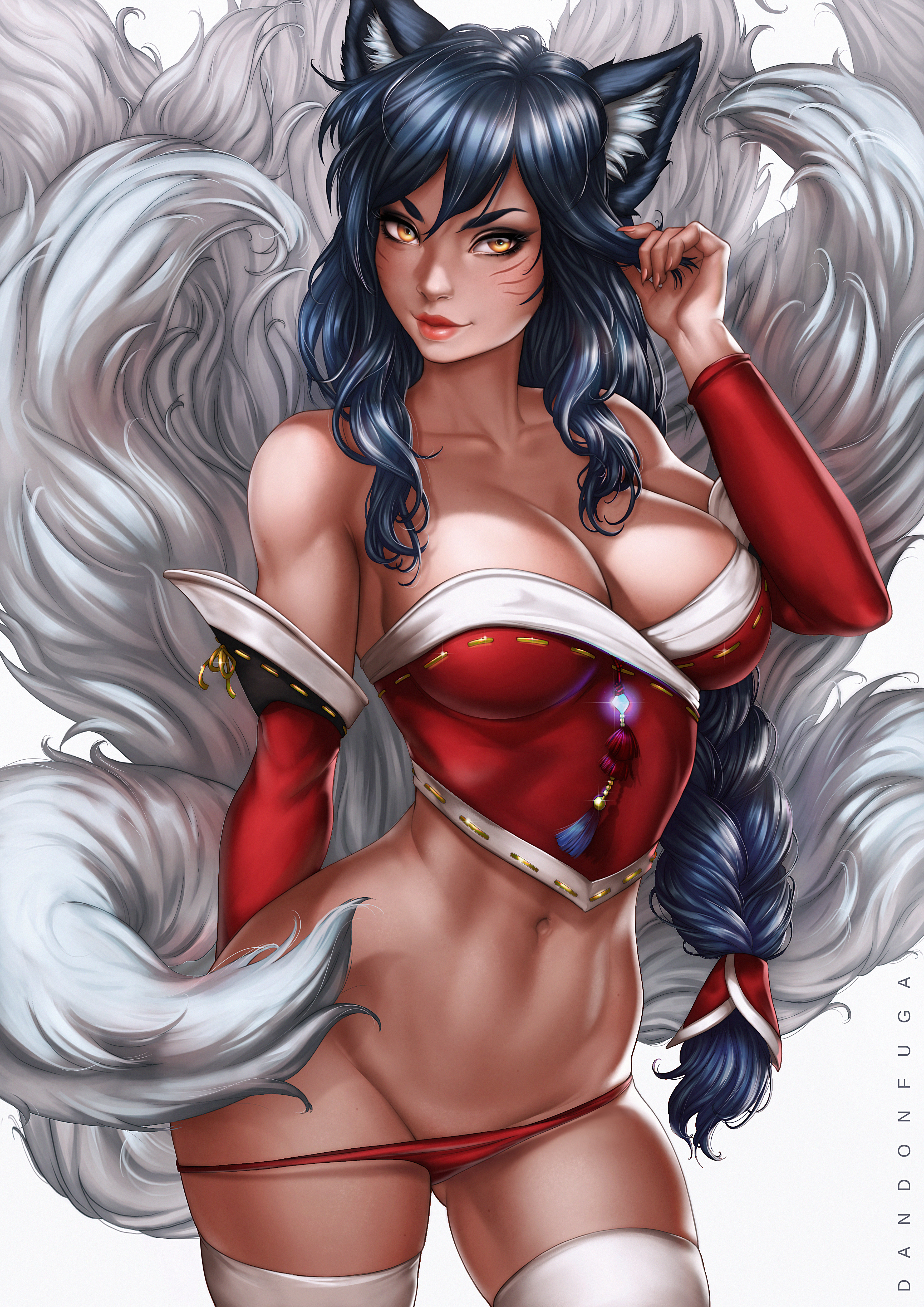 1girls, absurd res, ahri, alternate version available, animal ears, black hair, braid, breasts, cleavage, dandon fuga, female, female only, large breasts, league of legends, lips, looking at viewer, multi tail, panties, pantsu, panty pull, red panties, simple background, smile, tagme, tail, thighhighs, white background, yellow eyes