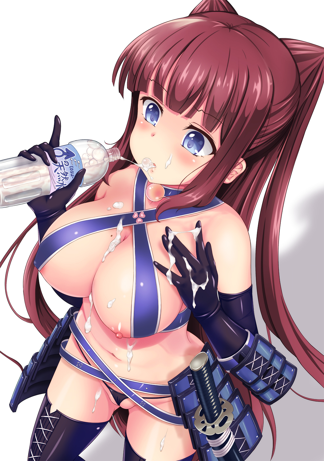 alternate_hairstyle armor bangs bare_shoulders black_gloves black_legwear black_panties blue_eyes blunt_bangs blush bottle breasts cosplay criss-cross_halter cum cum_drinking cum_in_bottle cum_in_container cum_in_mouth cum_on_body cum_on_breasts cum_on_upper_body dungeon_travelers_2 elbow_gloves female gloves halterneck highres japanese_armor katana kishimen kousaka_tamaki kousaka_tamaki_(cosplay) large_breasts long_hair micro_panties mole mole_on_breast new_game! nipples panties parted_lips purple_hair sidelocks solo sword takimoto_hifumi thighhighs to_heart_(series) to_heart_2 two_side_up underwear very_long_hair weapon