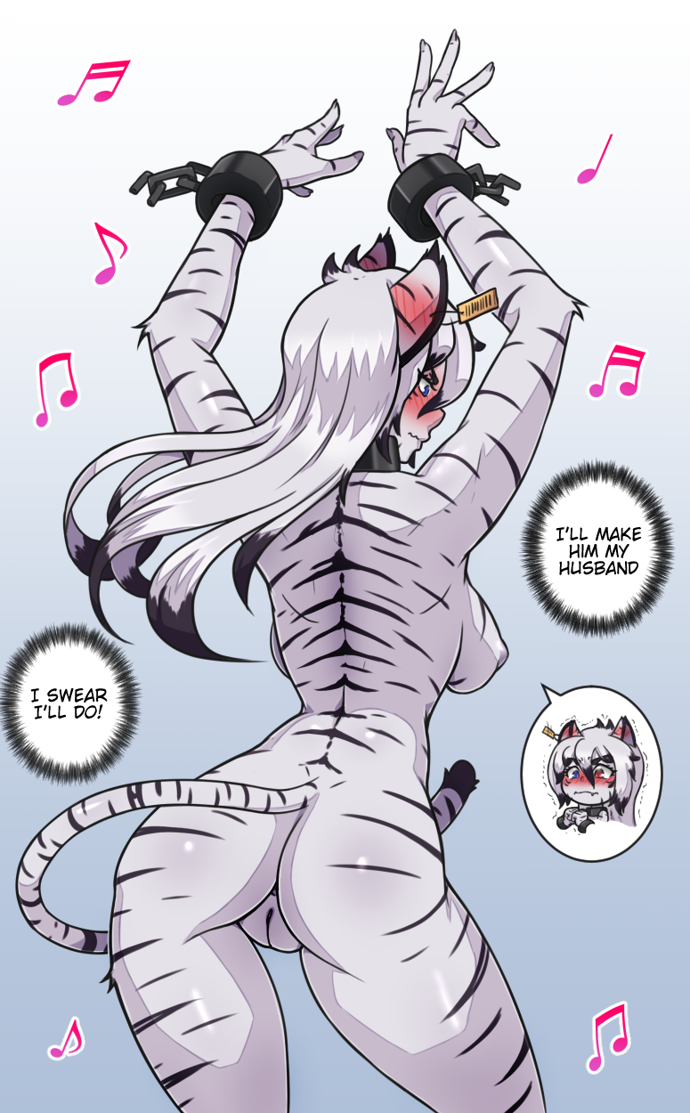 alternate hairstyle, alya (born of itheriont), anus, ass, blue eyes, born of itheriont, breasts, cat girl, catgirl, chains, cuffs, ear tag, english text, feline, female, female only, furry, heterochromia, kawa-v, long hair, monster girl, musical note, naked, pussy, red eyes, slave, stripes, tagme, tail, text, tiger, vagina, white fur, white hair, white tiger