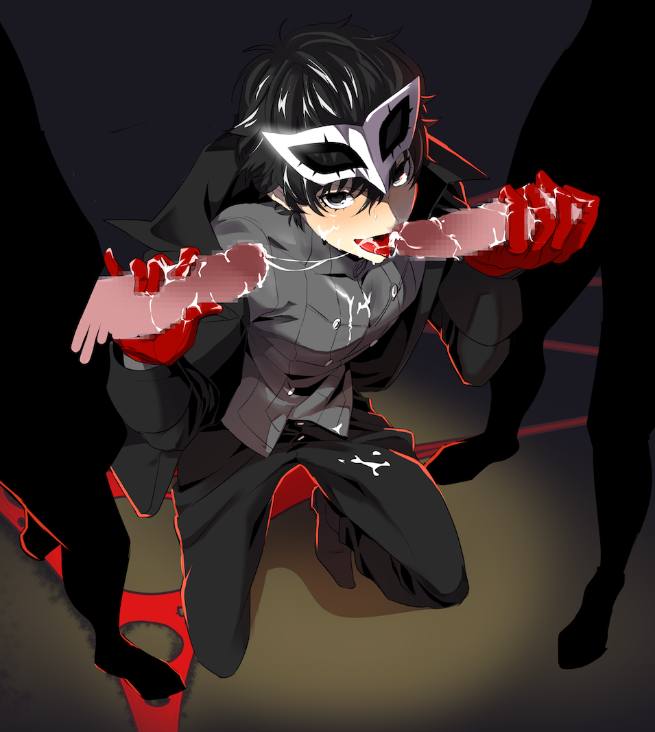 3boys atlus black_eyes black_hair blush censored clothing color cum cum_in_mouth erection facial fellatio gay human licking looking_at_viewer male male_only mask megami_tensei monaop5 mosaic_censoring multiple_boys naughty_face pale_skin penis penis_grab persona persona_5 phantom_thief_suit ren_amamiya shin_megami_tensei short_hair smile tagme tongue yaoi