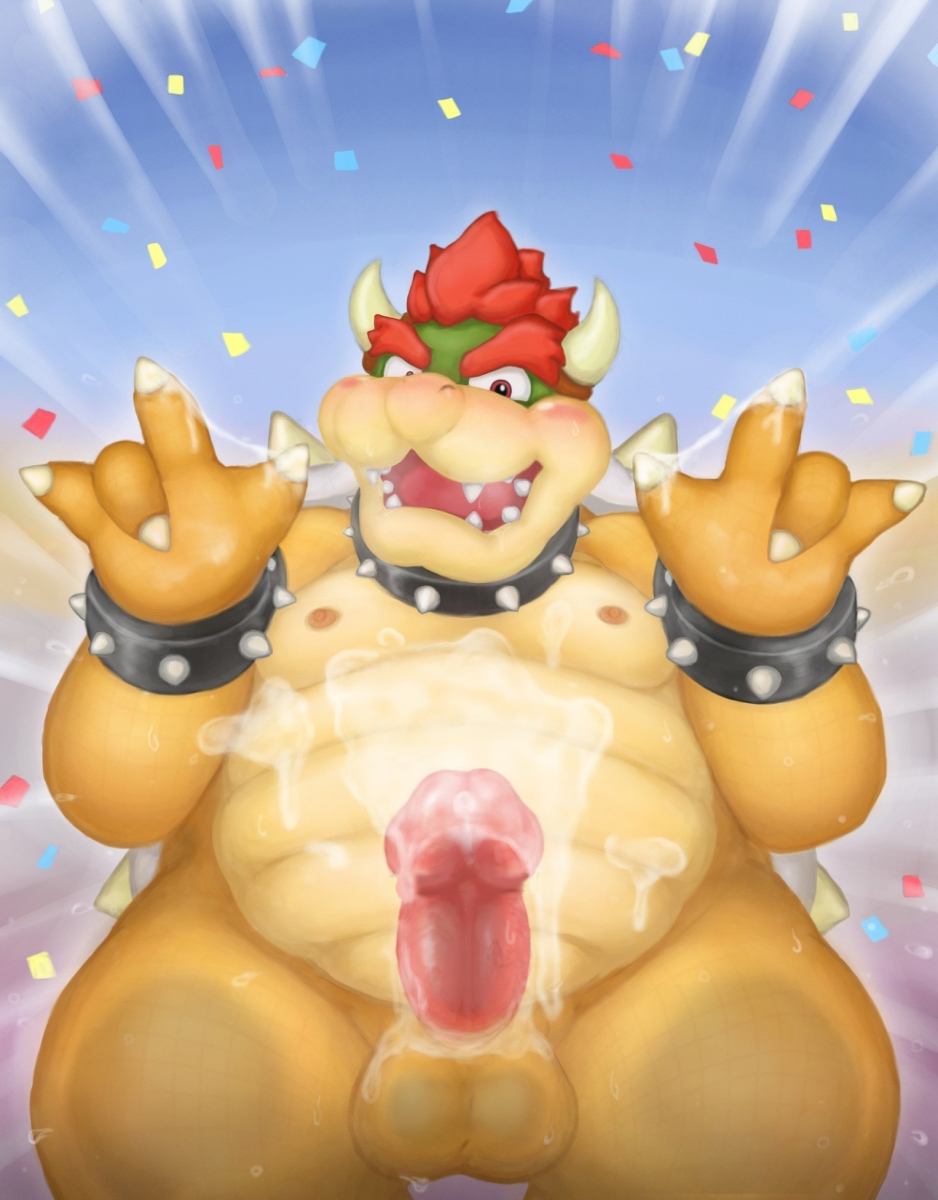 2017 anthro balls belly better_version_at_source big_belly blue_eyes blush bowser censor_bar censored claws clothing collar confetti cum cum_on_hand cum_on_self cum_on_stomach erection facial_hair green_scales horn humanoid_penis koopa male male_only mario_(series) moustache nintendo nipples nude open_mouth penis presenting reptile reuben_(artist) scales scalie shirt smile solo spiked_armlet spiked_collar spikes standing super_mario_odyssey video_games yellow_scales