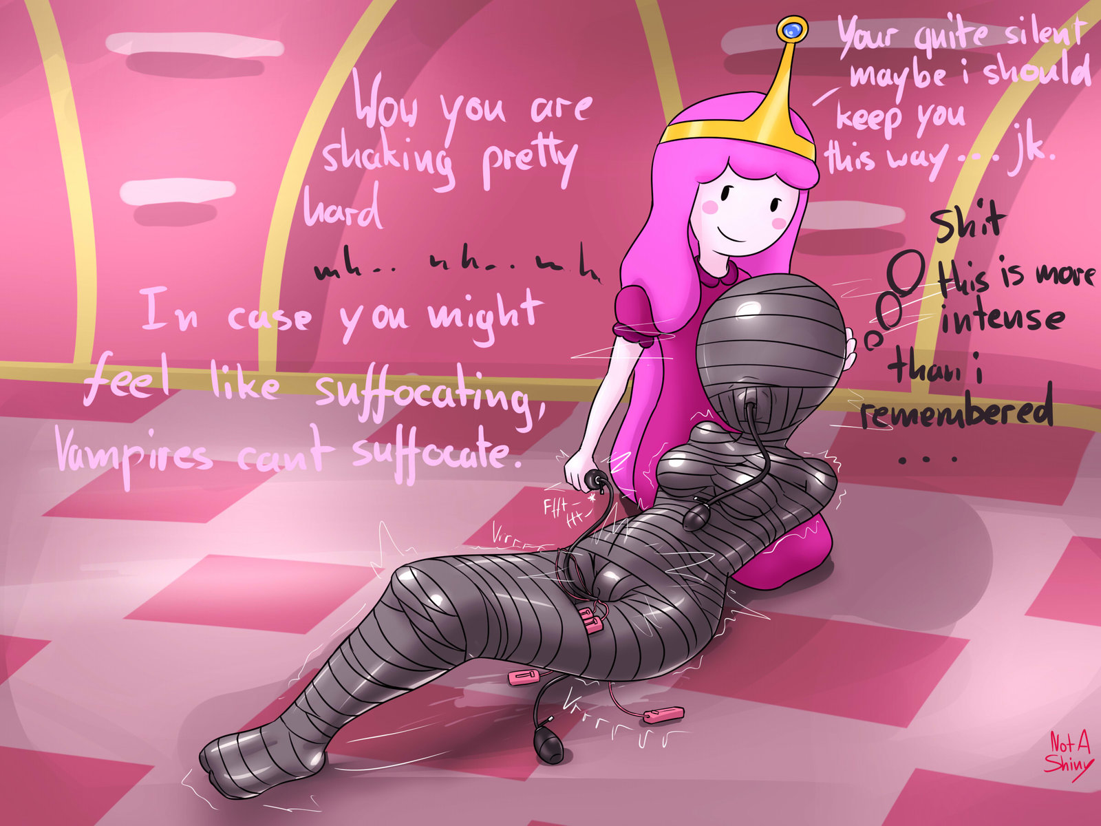 2girls, adventure time, bondage, bound, canon couple, duct tape, duo, egg vibrator, encasement, female, femdom, femsub, forced orgasm, gag, gagged, inflatable buttplug, inflatable dildo, inflatable gag, inflatable insertable, inflatable sex toy, lezdom, marceline, multiple females, multiple girls, multiple vibrators, mummification, notashiny, princess bubblegum, pussy, pussy juice, sex toys, text, vampire, vibrator, yuri