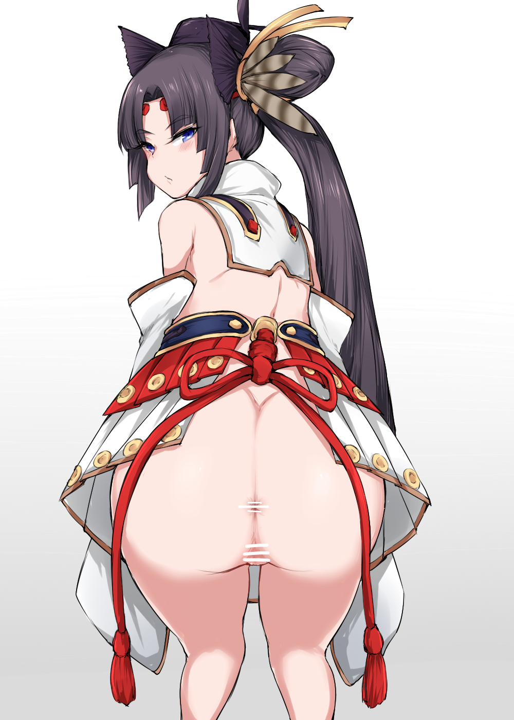 013_(hamsasuke) anus armor ass back bare_shoulders black_hair blue_eyes censored detached_sleeves fate/grand_order fate_(series) female hair_ornament hat highres kneeling long_hair looking_at_viewer looking_back ponytail pussy solo ushiwakamaru_(fate/grand_order)