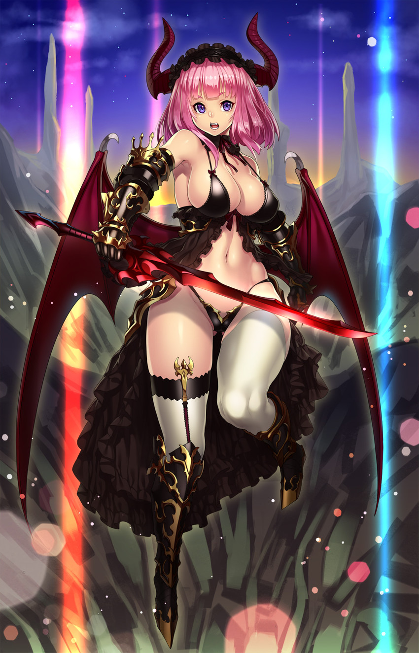 bat wings, blue eyes, blush, breasts, demon, demon girl, female, female only, gauntlets, greaves, hairband, horns, houtengeki, large breasts, lolita hairband, looking at viewer, open mouth, original, pink hair, short hair, solo, sword, thighhighs, thighs, weapon, white legwear, wide hips, wings