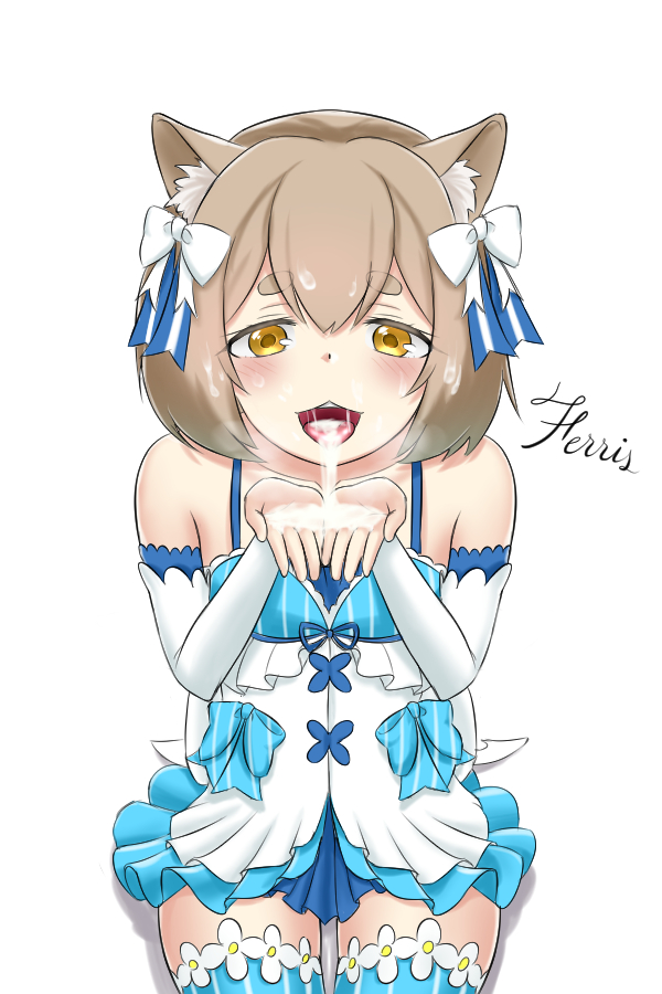 1boy, androgynous, animal ears, bcc33010, bow, brown eyes, brown hair, cat boy, cat ears, catboy, cum, dress, felix argyle, femboy, girly, hair ornament, hairbow, looking at viewer, male, male only, matching hair/eyes, monster boy, open mouth, re:zero kara hajimeru isekai seikatsu, short hair, solo, solo male, tongue, tongue out, trap