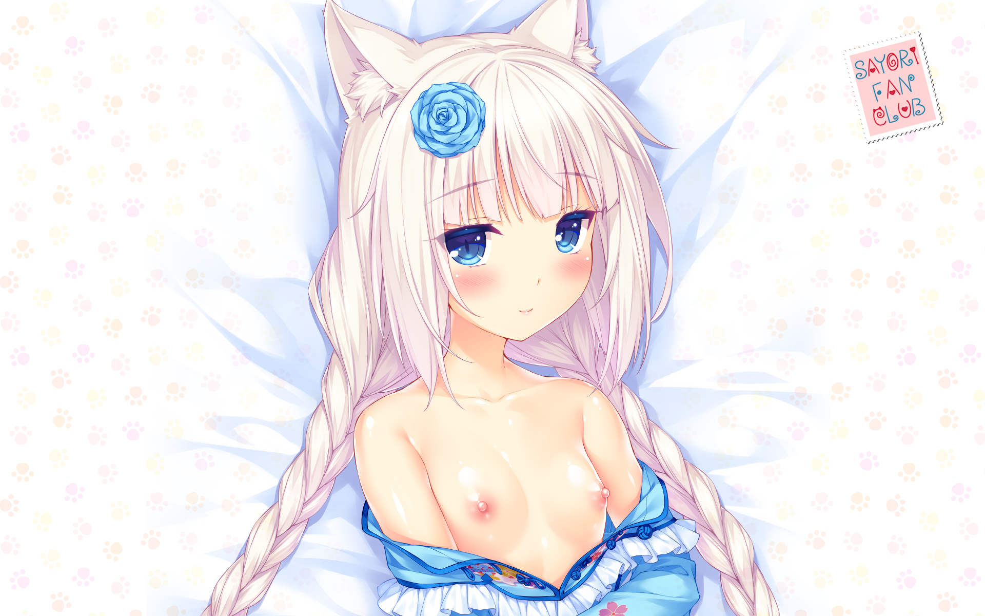animal ears, artist name, bangs, bare shoulders, bed sheet, blue dress, blue eyes, blunt bangs, blush, braid, breasts, cat ears, collarbone, dress, dress pull, eyebrows visible through hair, eyes visible through hair, fanbox reward, female, flower, hair flower, hair ornament, highres, long hair, looking at viewer, nekopara, nipples, off shoulder, official art, paid reward, paw print, sayori, slit pupils, small breasts, smile, solo, twin braids, upper body, vanilla (sayori), wallpaper, white hair