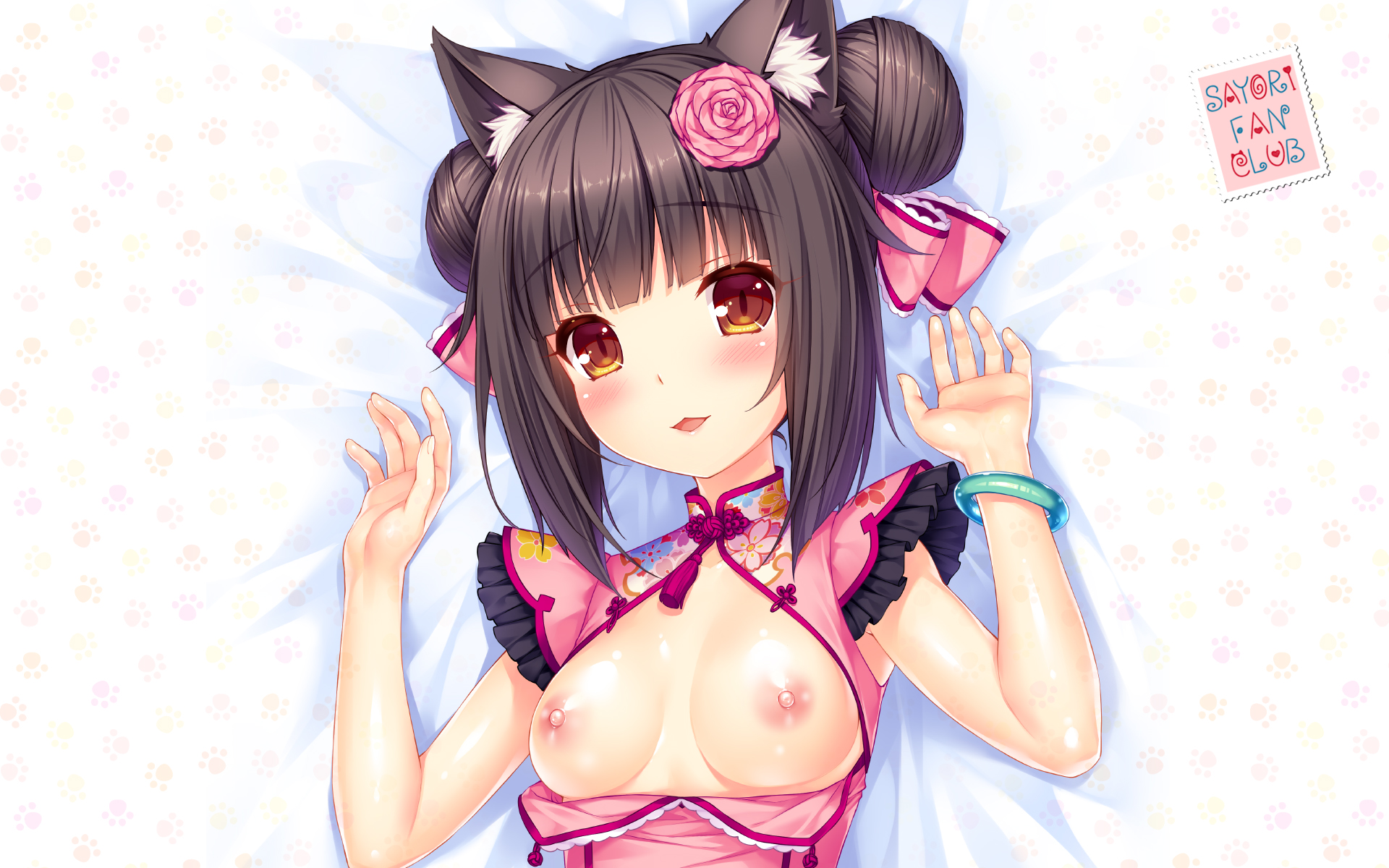 :3, animal ears, artist name, bangs, bed sheet, black hair, blunt bangs, blush, breasts, breasts out, brown eyes, cat ears, chocola (sayori), double bun, dress, eyebrows visible through hair, fanbox reward, female, flower, hair flower, hair ornament, hair ribbon, highres, looking at viewer, medium breasts, nekopara, nipples, official art, paid reward, parted lips, paw print, pink dress, pink ribbon, ribbon, sayori, slit pupils, smile, solo, upper body, wallpaper