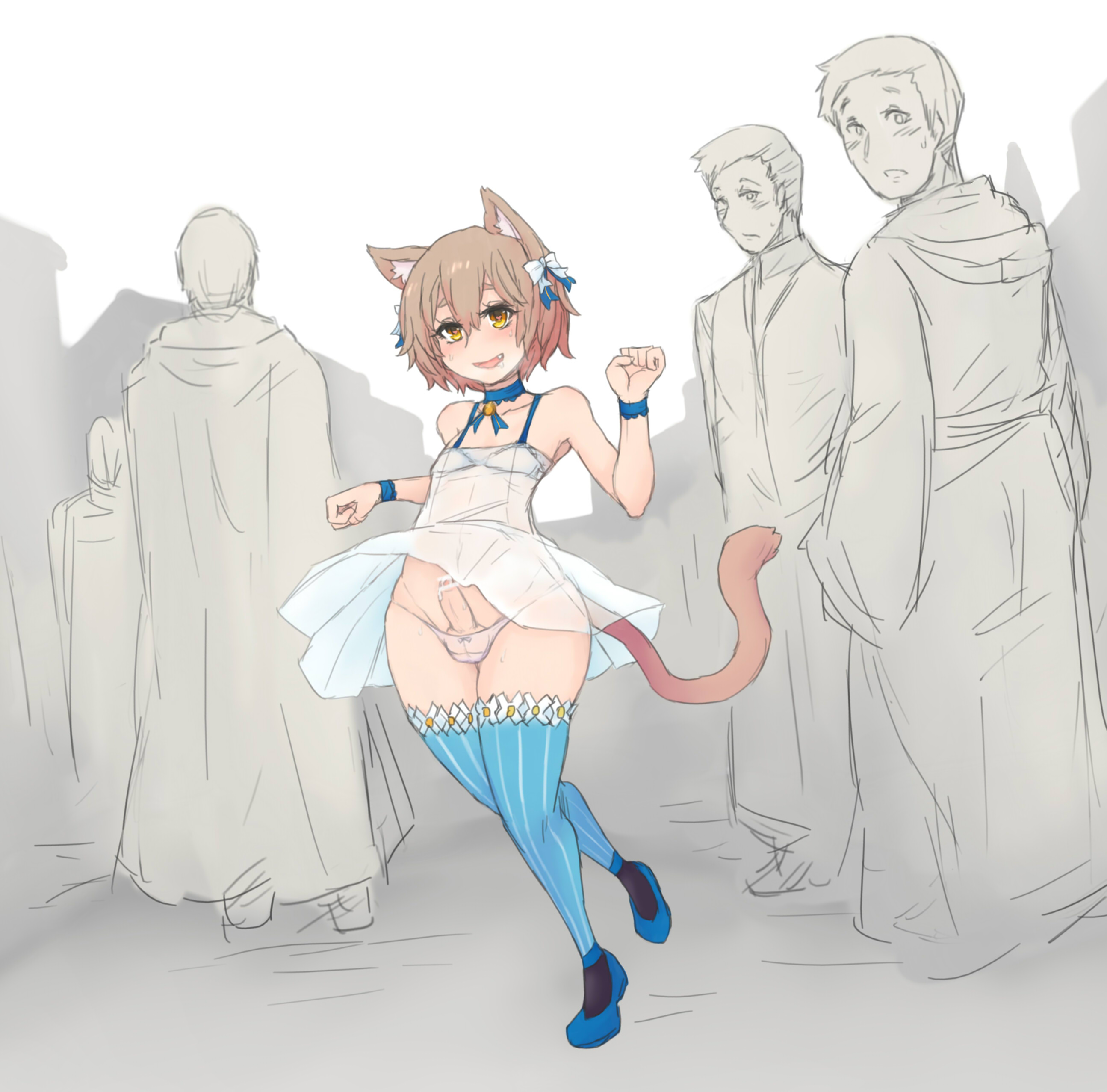 4boys, animal ears, blush, bow, brown eyes, brown hair, cat ears, cat tail, choker, crossdressing, cum, dress, dress lift, erection, exhibitionism, felix argyle, group, male, male only, matching hair/eyes, multiple boys, multiple males, oerba yun fang, panties, penis, re:zero kara hajimeru isekai seikatsu, short hair, tail, trap, underwear