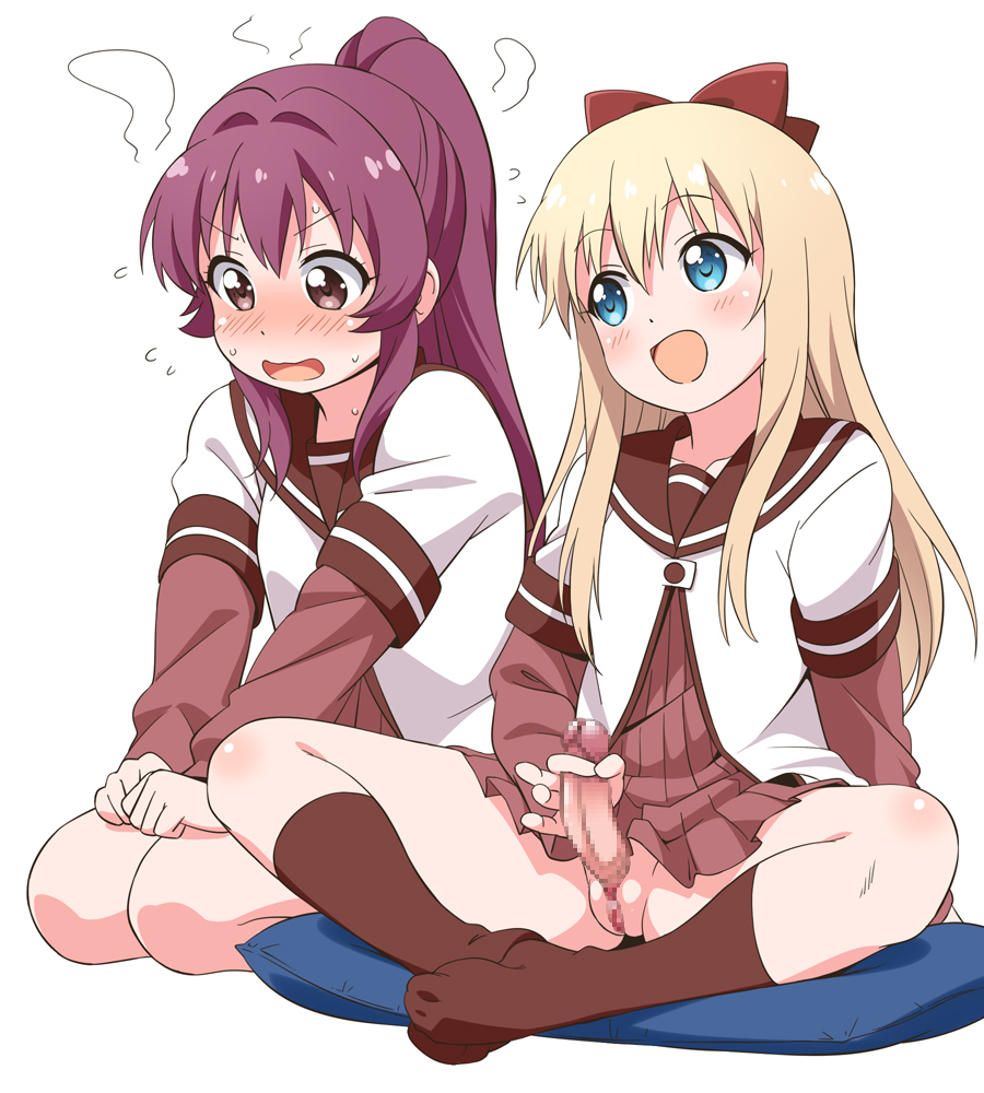 2girls :d blonde_hair blue_eyes blush bow censored clothing commentary_request cushion embarrassed erection futanari intersex kneehighs long_hair long_sleeves mosaic_censoring multiple_girls nanamori_school_uniform open_mouth penis ponytail purple_eyes purple_hair pussy seiza sitting smile sugiura_ayano toshinou_kyouko white_background youkan yuru_yuri