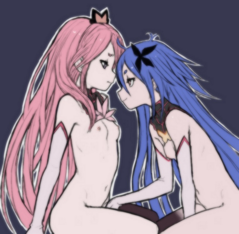 2girls ahoge blue_hair breasts elbow_gloves eye_contact fingering flip_flappers flower gloves hair_flower hair_ornament kokomine_cocona long_hair looking_at_another multiple_girls nipples papika_(flip_flappers) pink_hair pure_barrier pure_blade small_breasts smile tiara very_long_hair wabaki yuri