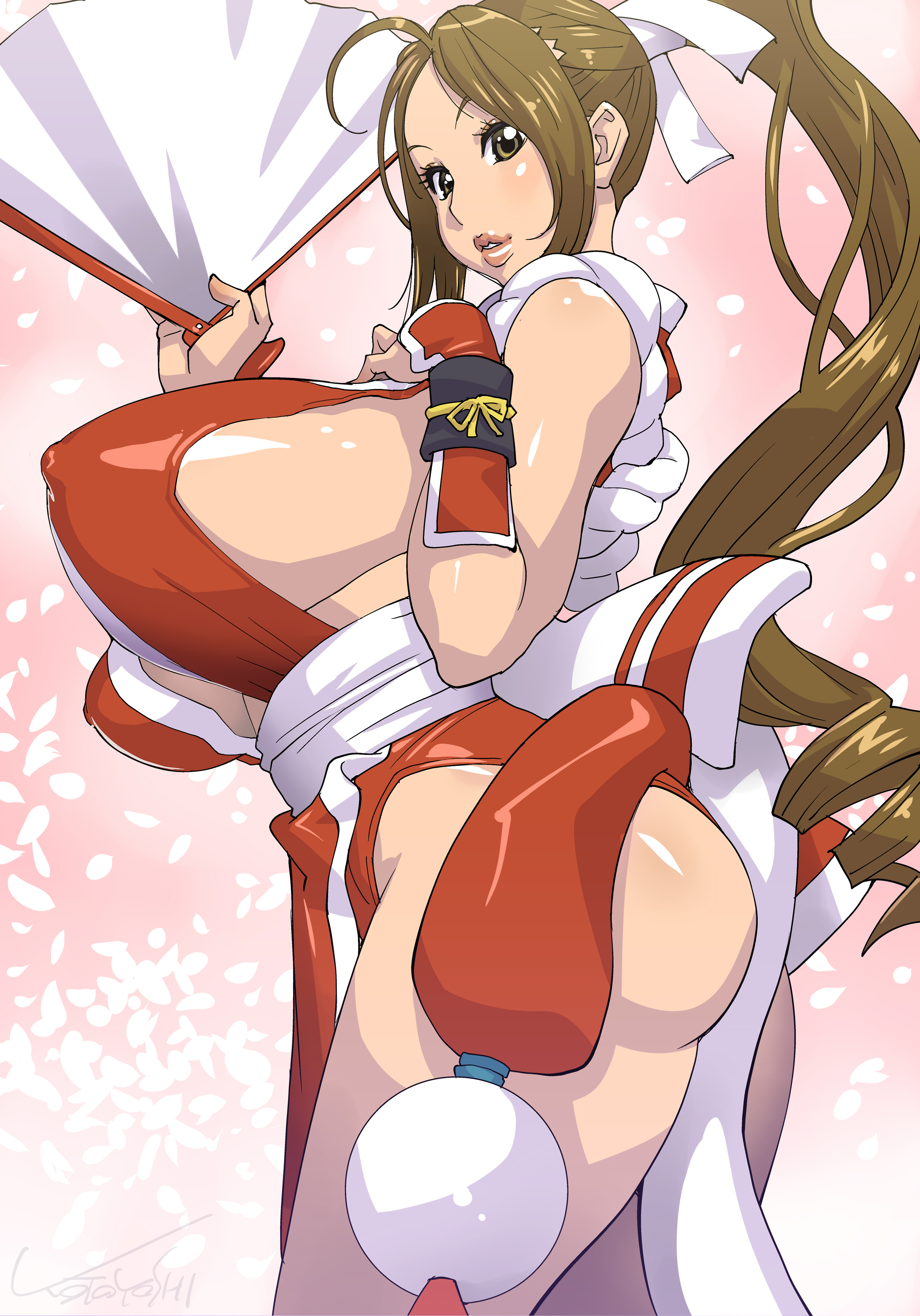 1girls, breasts, brown hair, fatal fury, female, female only, king of fighters, kotoyoshi, kotoyoshi yumisuke, kunoichi, large breasts, long hair, mai shiranui, mature female, nipples, nipples visible through clothing, ponytail, red panties, snk, solo