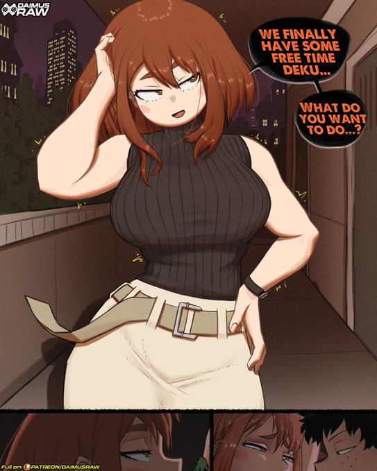 1boy, 1girls, apartment, belted skirt, beltskirt, big breasts, brown hair, brown-haired female, canon couple, daimusraw, green hair, green-haired male, izuku midoriya, my hero academia, my hero academia (finale), night, ochako uraraka, post-timeskip, skirt