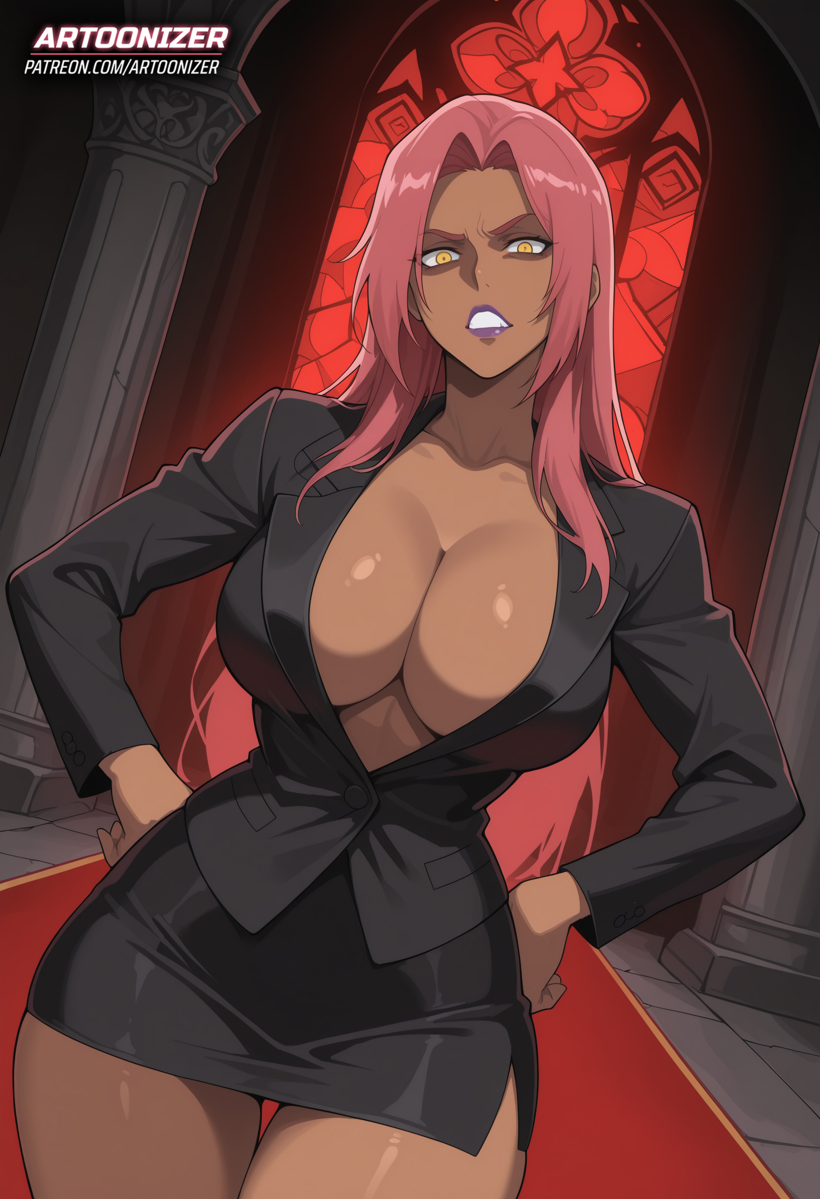 1girls, ai generated, angry, angry expression, artoonizer, ass, big ass, big breasts, breasts, dark skin, dark-skinned female, female, hands on hips, ingrid (taimanin asagi), jacket, long hair, looking at viewer, narrow waist, patreon, patreon username, pink hair, plunging neckline, posing, purple lips, purple lipstick, shiny skin, skirt, solo, solo female, solo focus, standing, taimanin (series), taimanin asagi, thick thighs, tight clothing, wide hips, yellow eyes