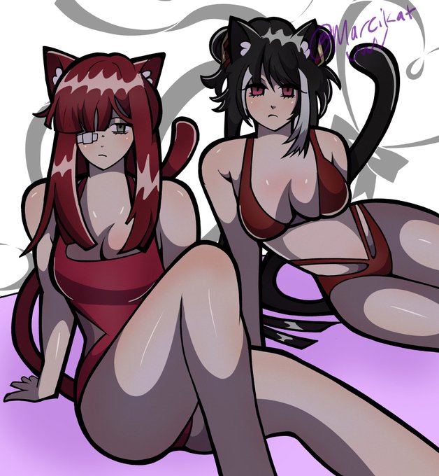 2girls, ass, bangs, bikini, black and white hair, cat ears, cat tail, cleavage overflow, hair over one eye, jia xichun (limbus company), legs, limbus company, long hair, looking at viewer, marcikatuwu, medium breasts, pose, project moon, red hair, swimsuit, yuri (limbus company)